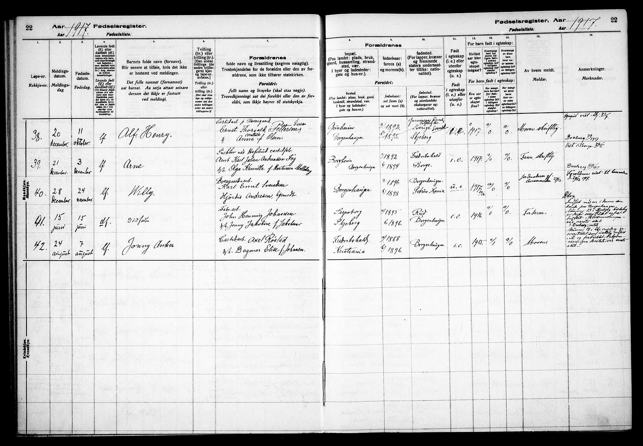 Skjeberg prestekontor Kirkebøker, AV/SAO-A-10923/J/Jd/L0001: Fødselsregister nr. IV 1, 1916-1935, s. 22