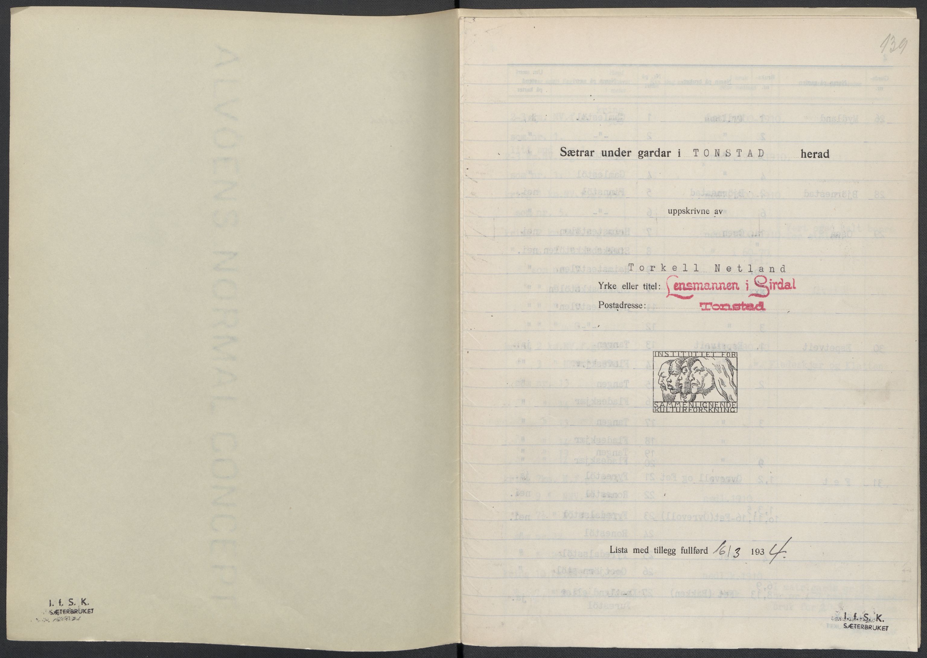 Instituttet for sammenlignende kulturforskning, AV/RA-PA-0424/F/Fc/L0008/0003: Eske B8: / Vest-Agder (perm XXI), 1932-1935, s. 139