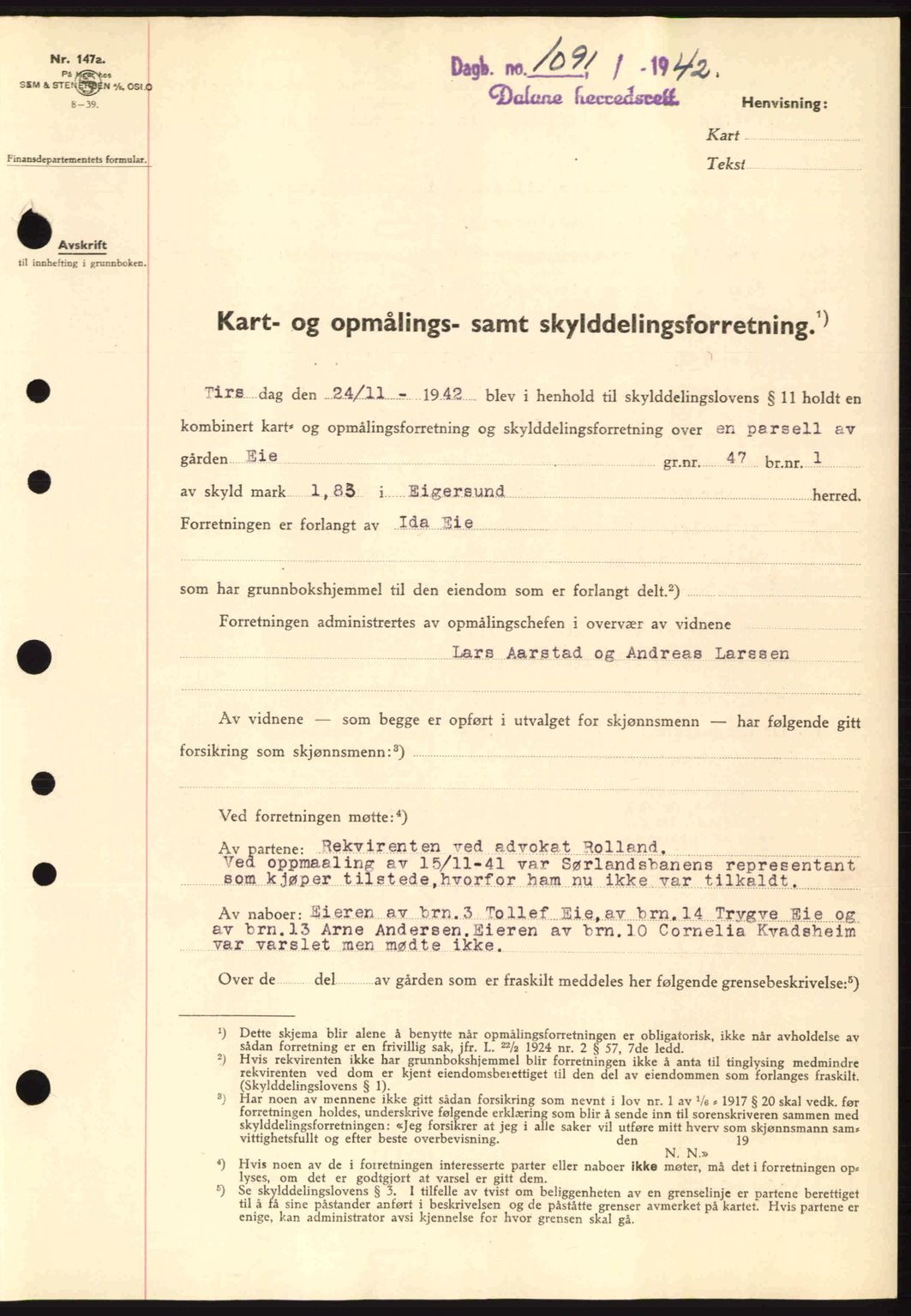 Dalane sorenskriveri, SAST/A-100309/02/G/Gb/L0046: Pantebok nr. A7, 1942-1943, Dagboknr: 1091/1942