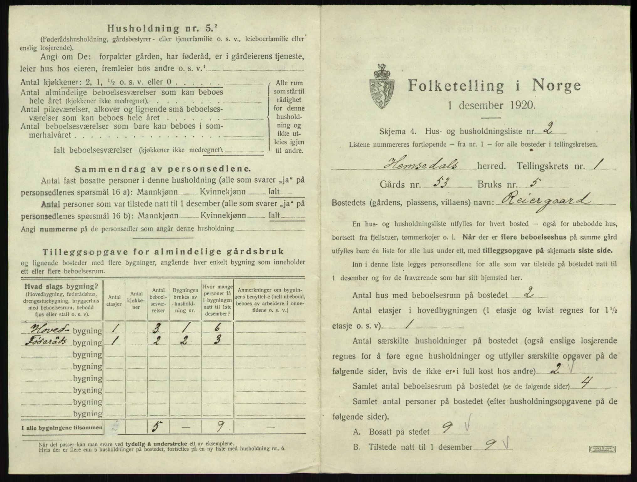 SAKO, Folketelling 1920 for 0618 Hemsedal herred, 1920, s. 33