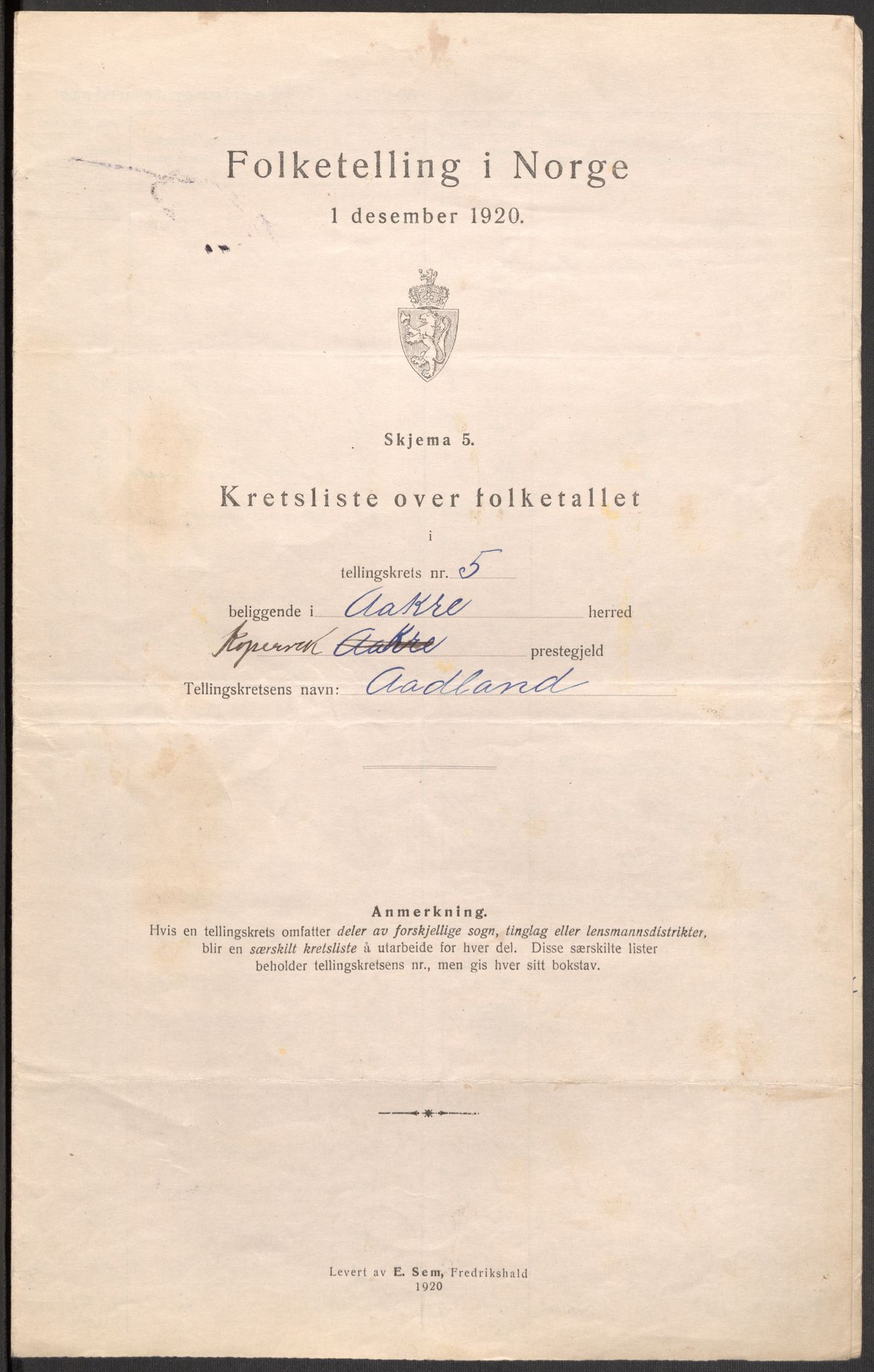 SAST, Folketelling 1920 for 1149 Åkra herred, 1920, s. 27