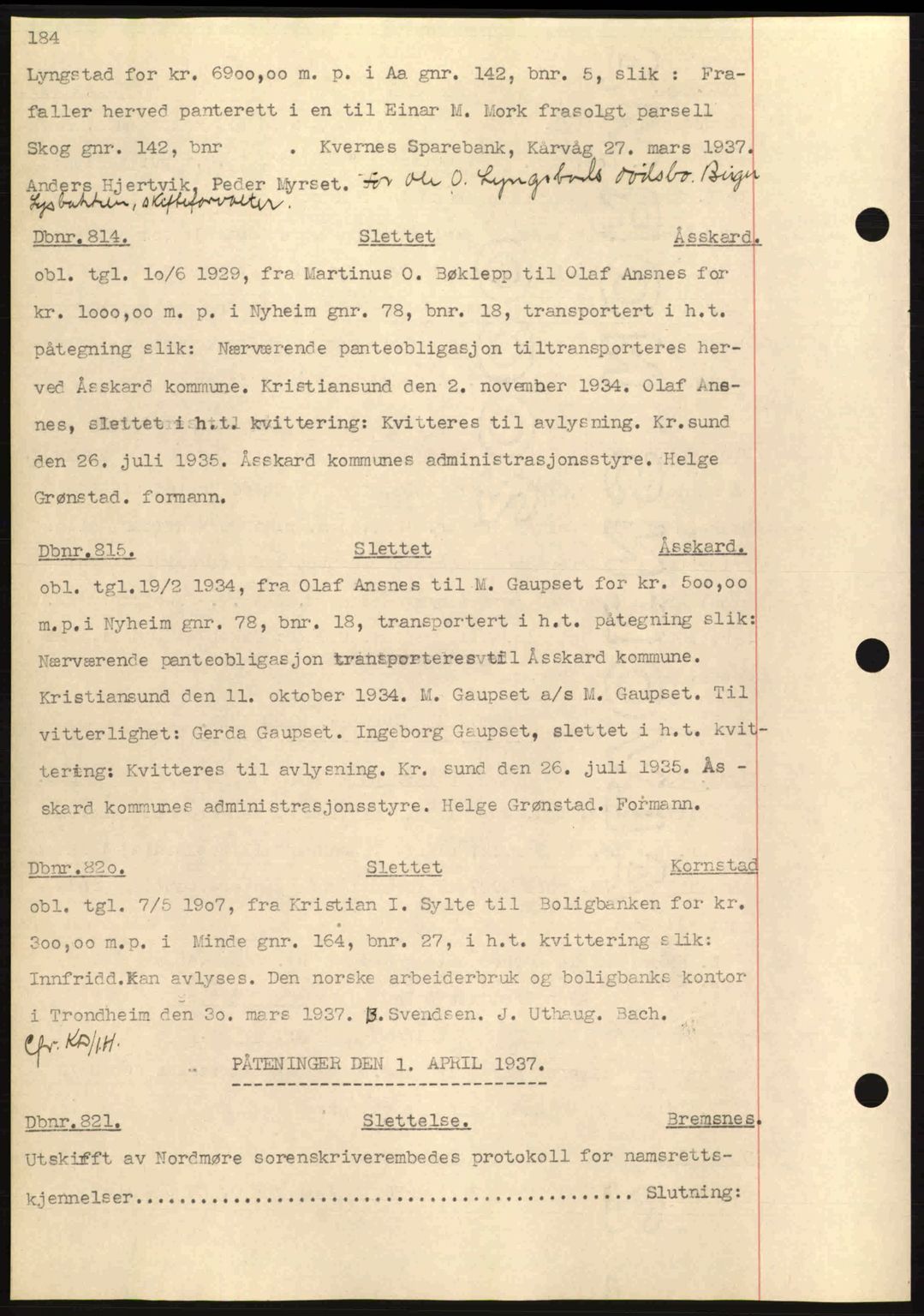 Nordmøre sorenskriveri, SAT/A-4132/1/2/2Ca: Pantebok nr. C80, 1936-1939, Dagboknr: 814/1937
