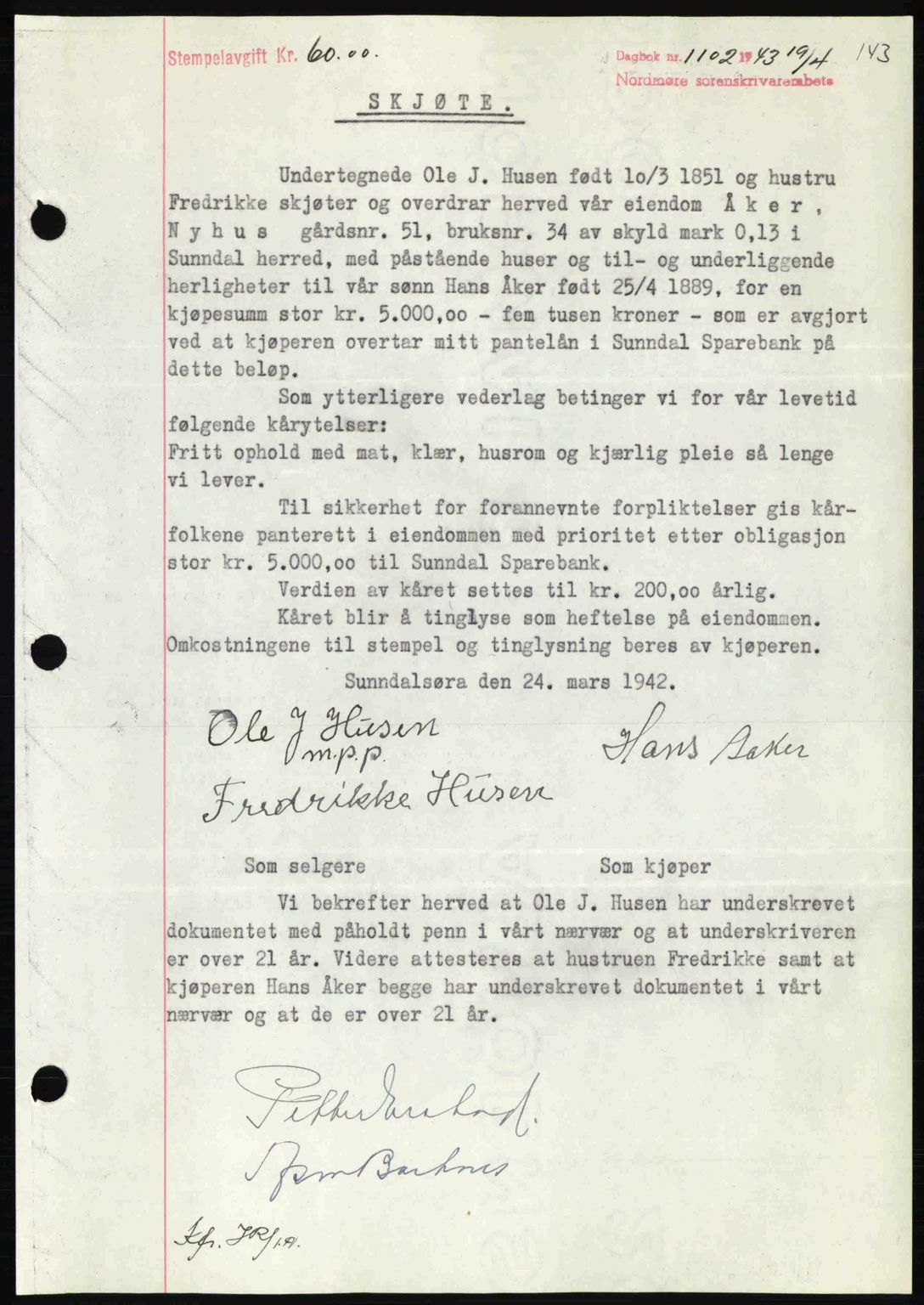 Nordmøre sorenskriveri, AV/SAT-A-4132/1/2/2Ca: Pantebok nr. A95, 1943-1943, Dagboknr: 1102/1943