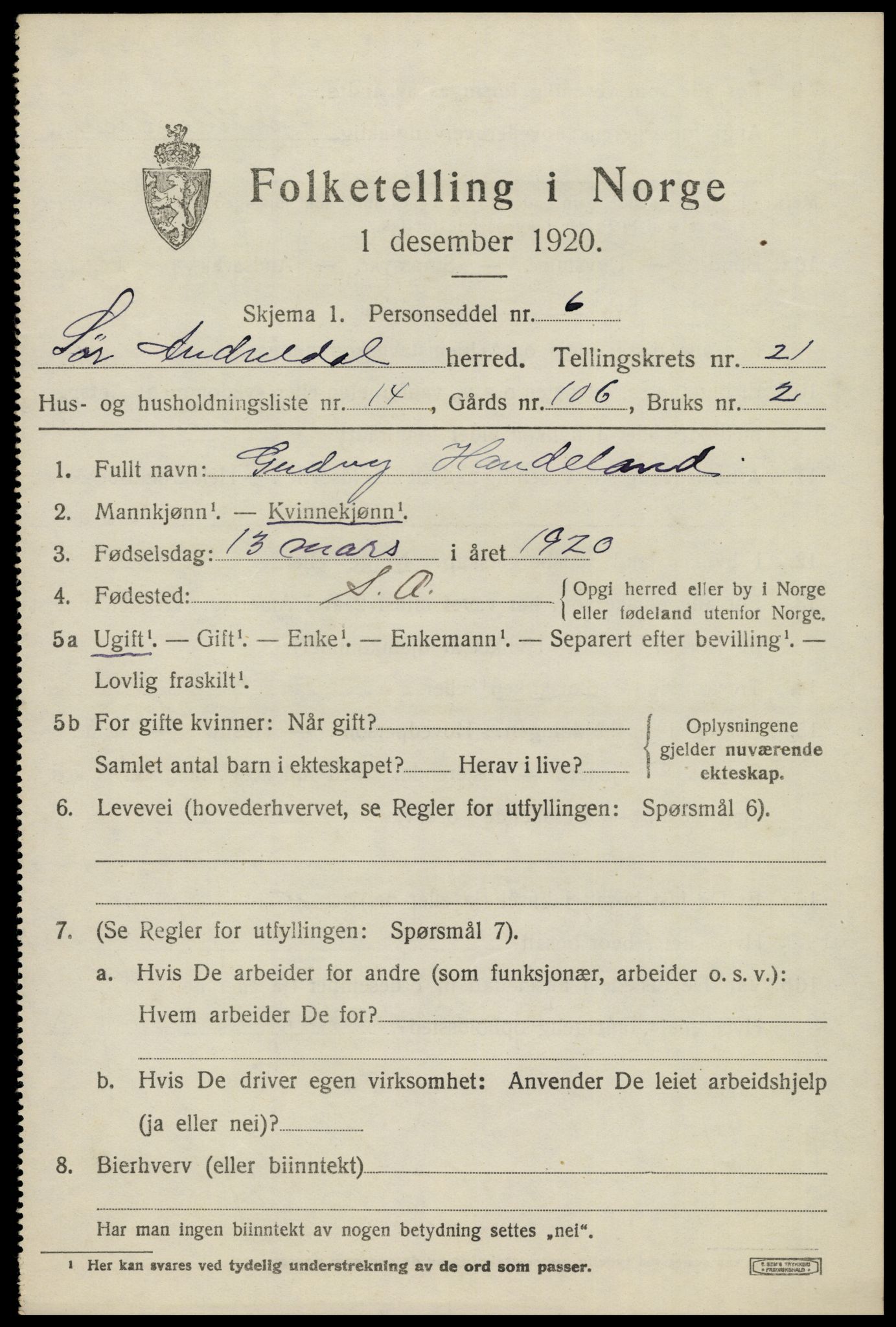 SAK, Folketelling 1920 for 1029 Sør-Audnedal herred, 1920, s. 7021