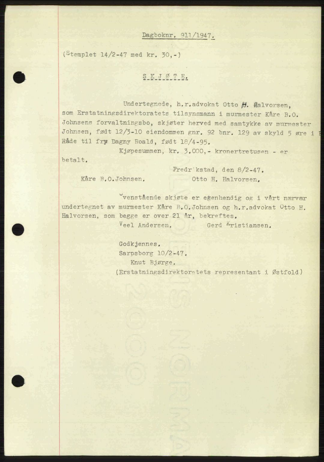 Moss sorenskriveri, SAO/A-10168: Pantebok nr. A17, 1947-1947, Dagboknr: 911/1947