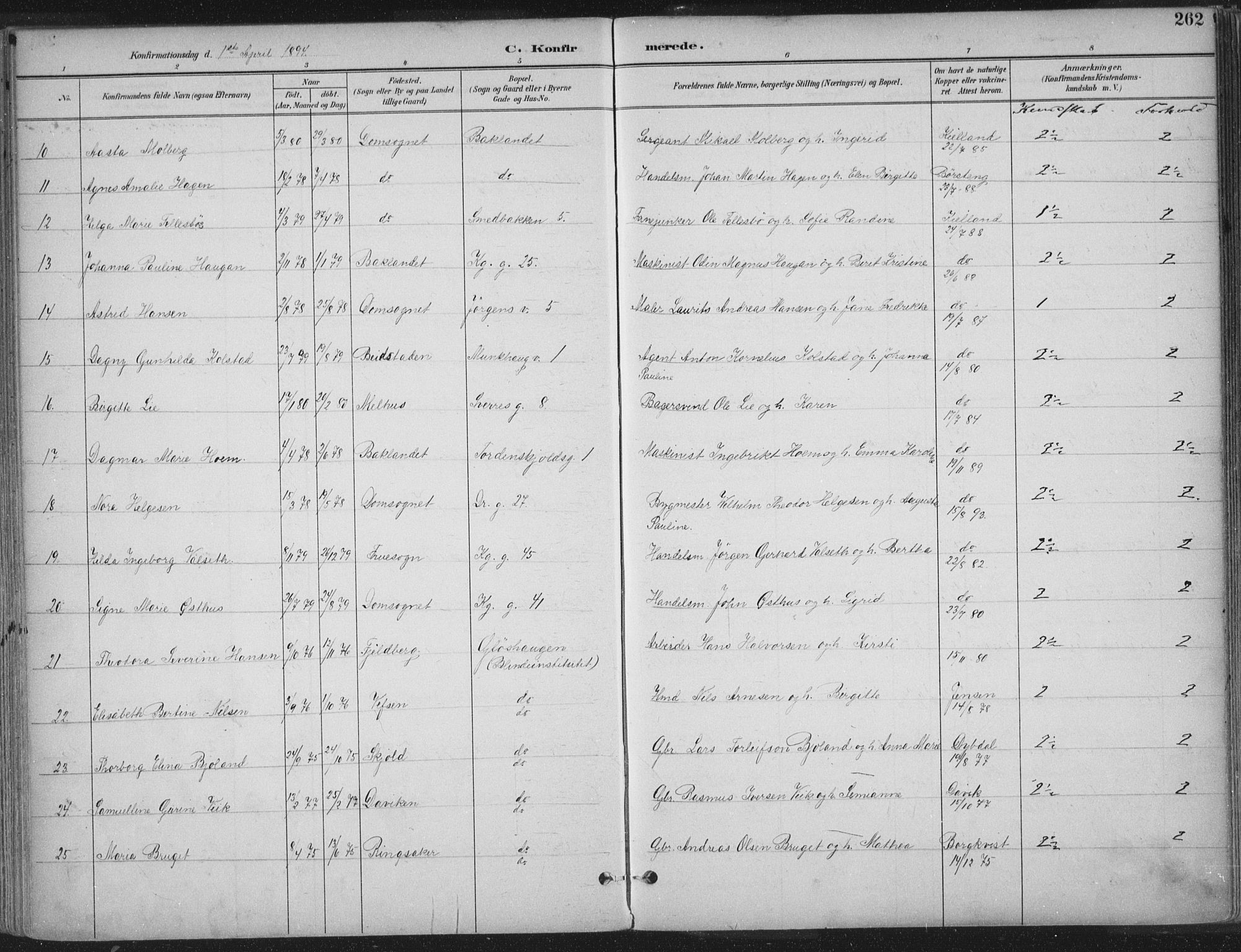 Ministerialprotokoller, klokkerbøker og fødselsregistre - Sør-Trøndelag, SAT/A-1456/601/L0062: Ministerialbok nr. 601A30, 1891-1911, s. 262