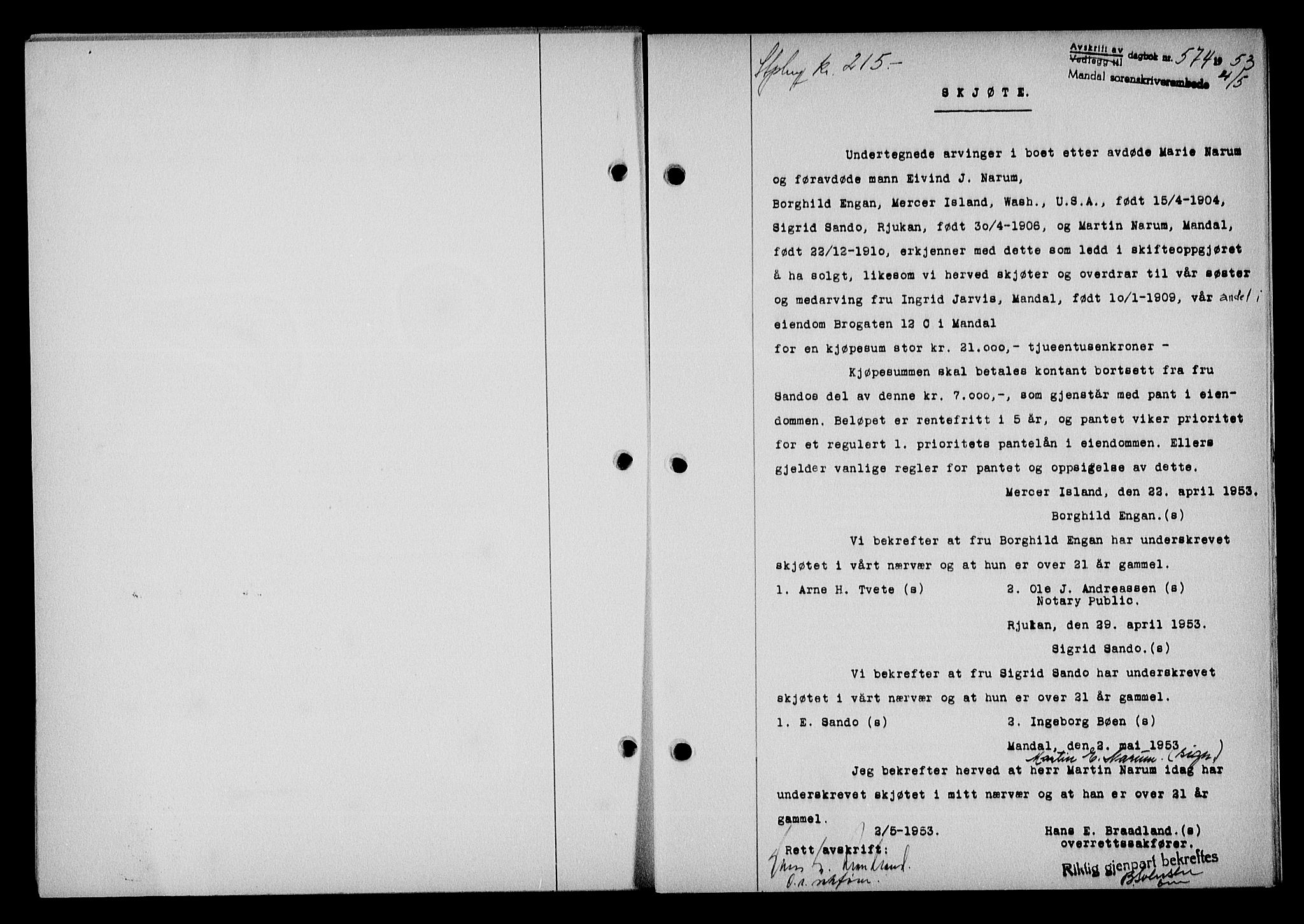 Mandal sorenskriveri, SAK/1221-0005/001/G/Gb/Gba/L0087: Pantebok nr. A-24, 1953-1953, Dagboknr: 574/1953