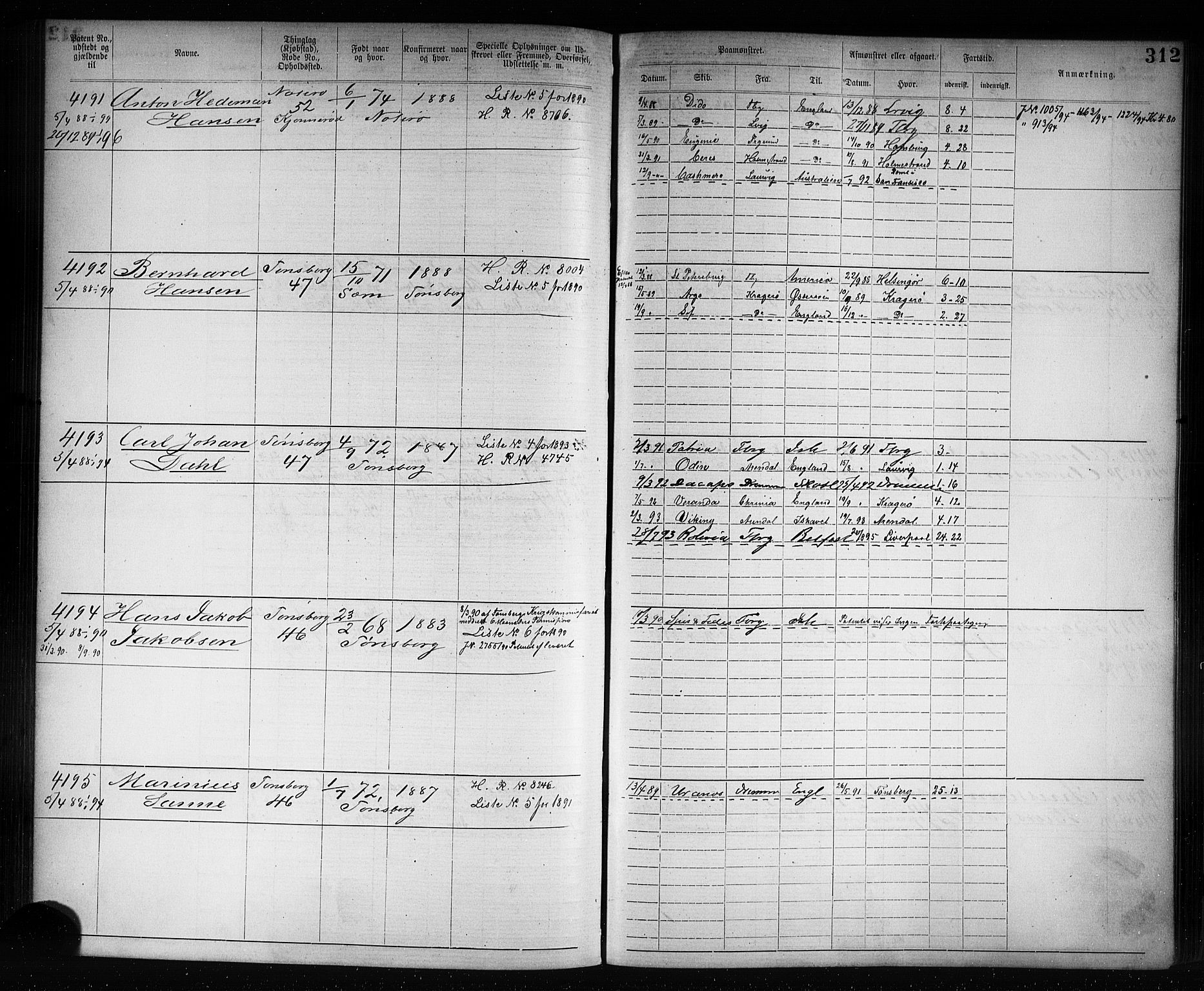 Tønsberg innrulleringskontor, AV/SAKO-A-786/F/Fb/L0007: Annotasjonsrulle Patent nr. 2636-5150, 1881-1892, s. 313