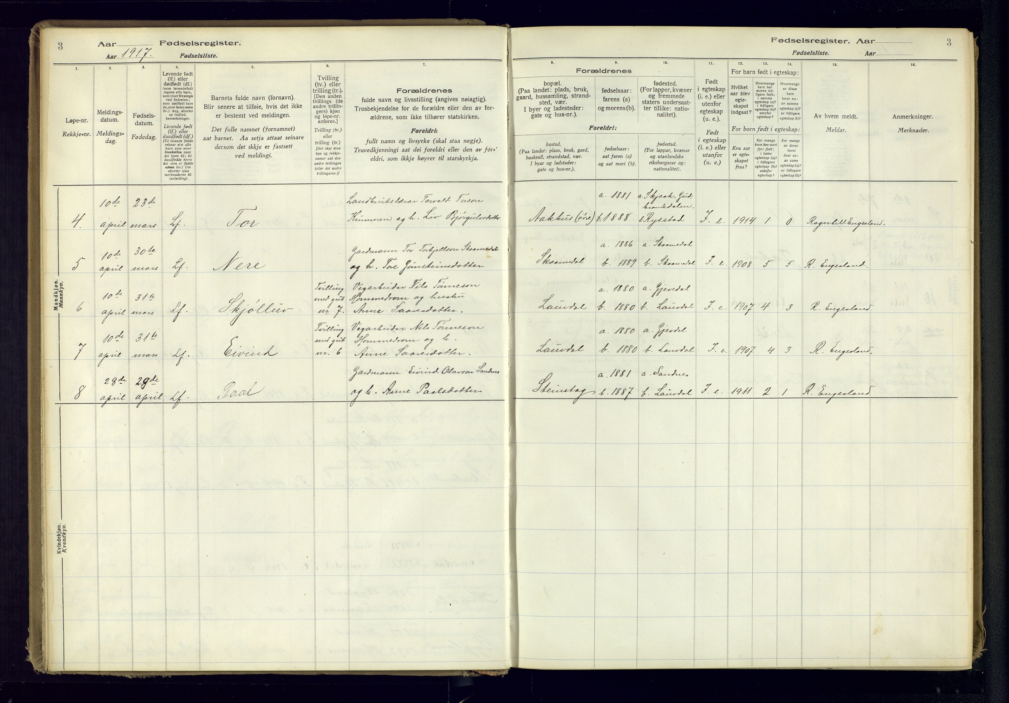 Bygland sokneprestkontor, SAK/1111-0006/J/Ja/L0001: Fødselsregister nr. II.4.2, 1916-1982, s. 3