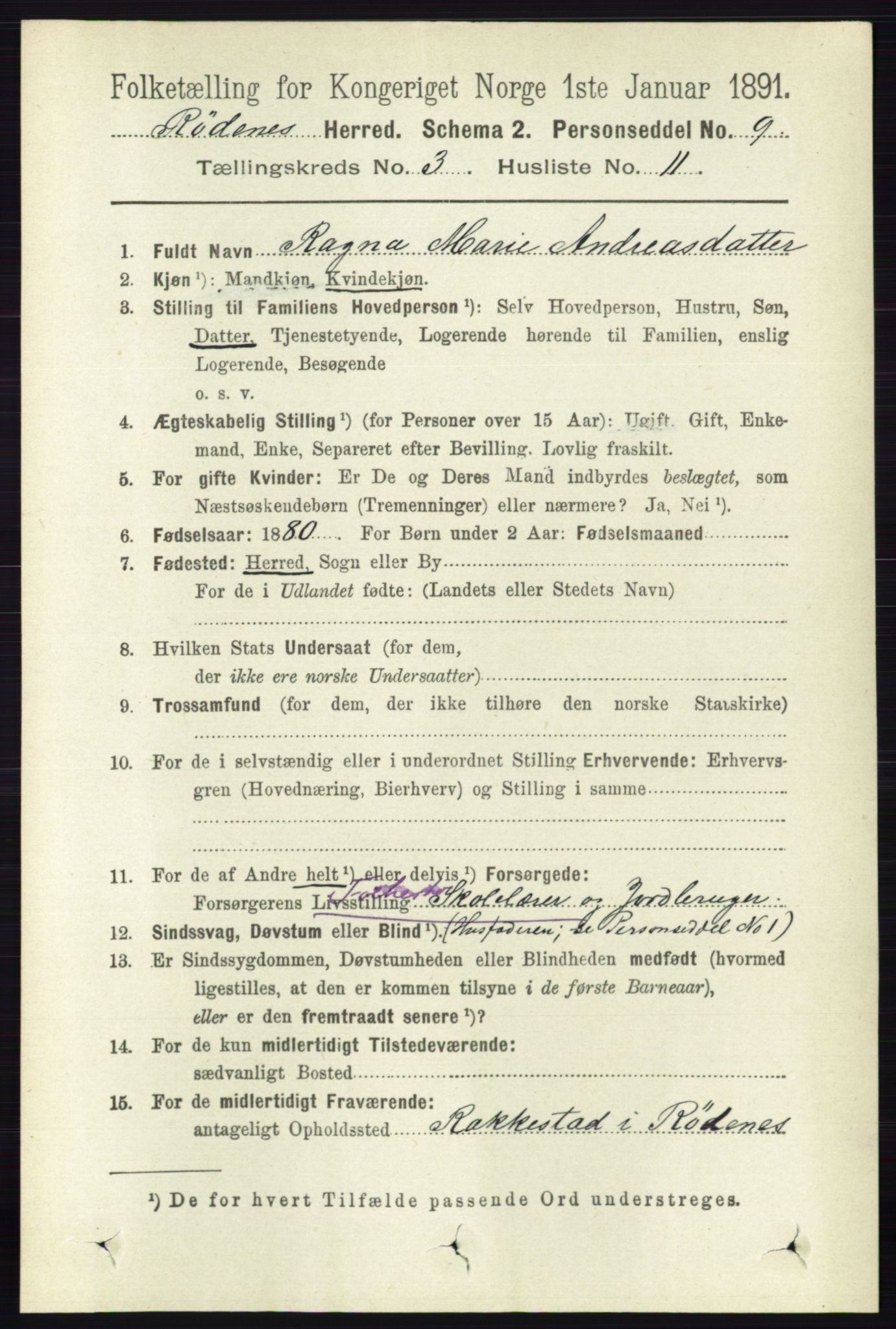 RA, Folketelling 1891 for 0120 Rødenes herred, 1891, s. 1249