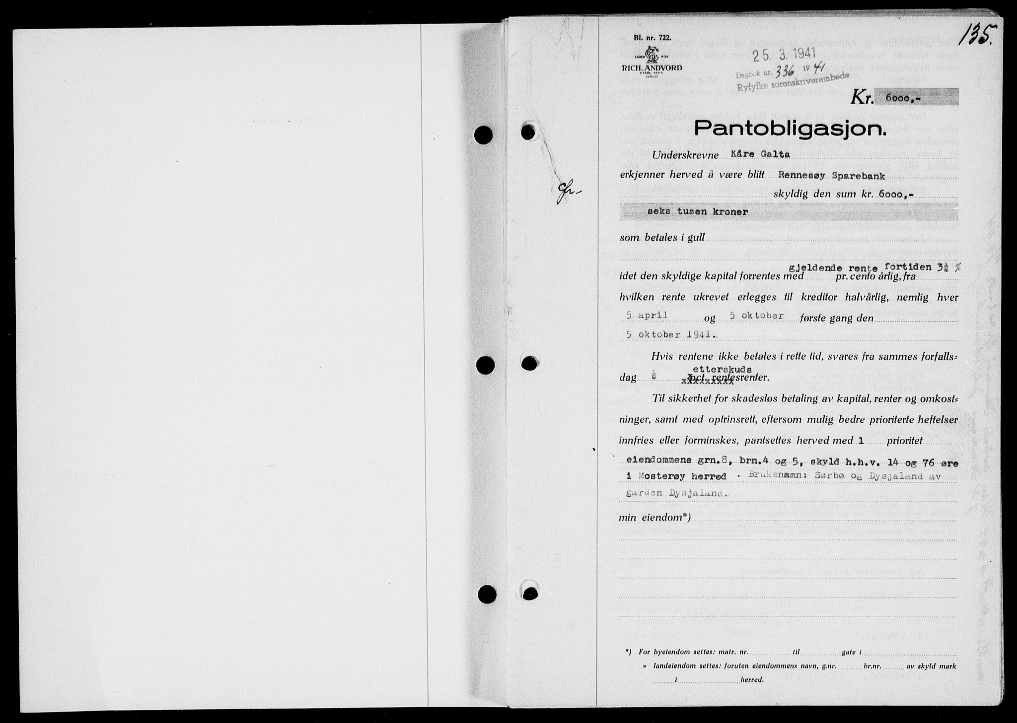 Ryfylke tingrett, SAST/A-100055/001/II/IIB/L0083: Pantebok nr. 62, 1941-1941, Dagboknr: 336/1941