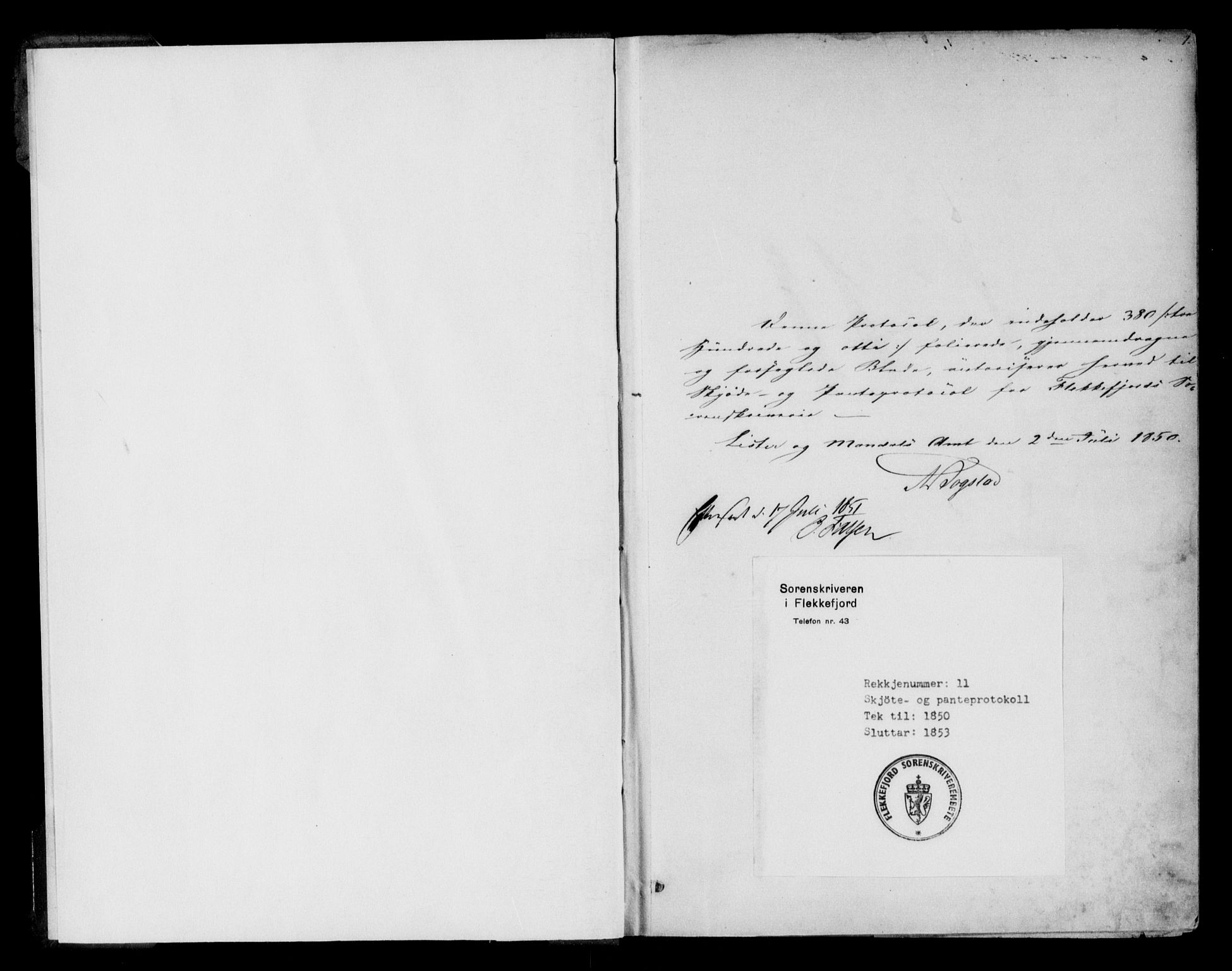 Flekkefjord sorenskriveri, SAK/1221-0001/G/Gb/Gba/L0011: Pantebok nr. 11, 1850-1853, s. 1