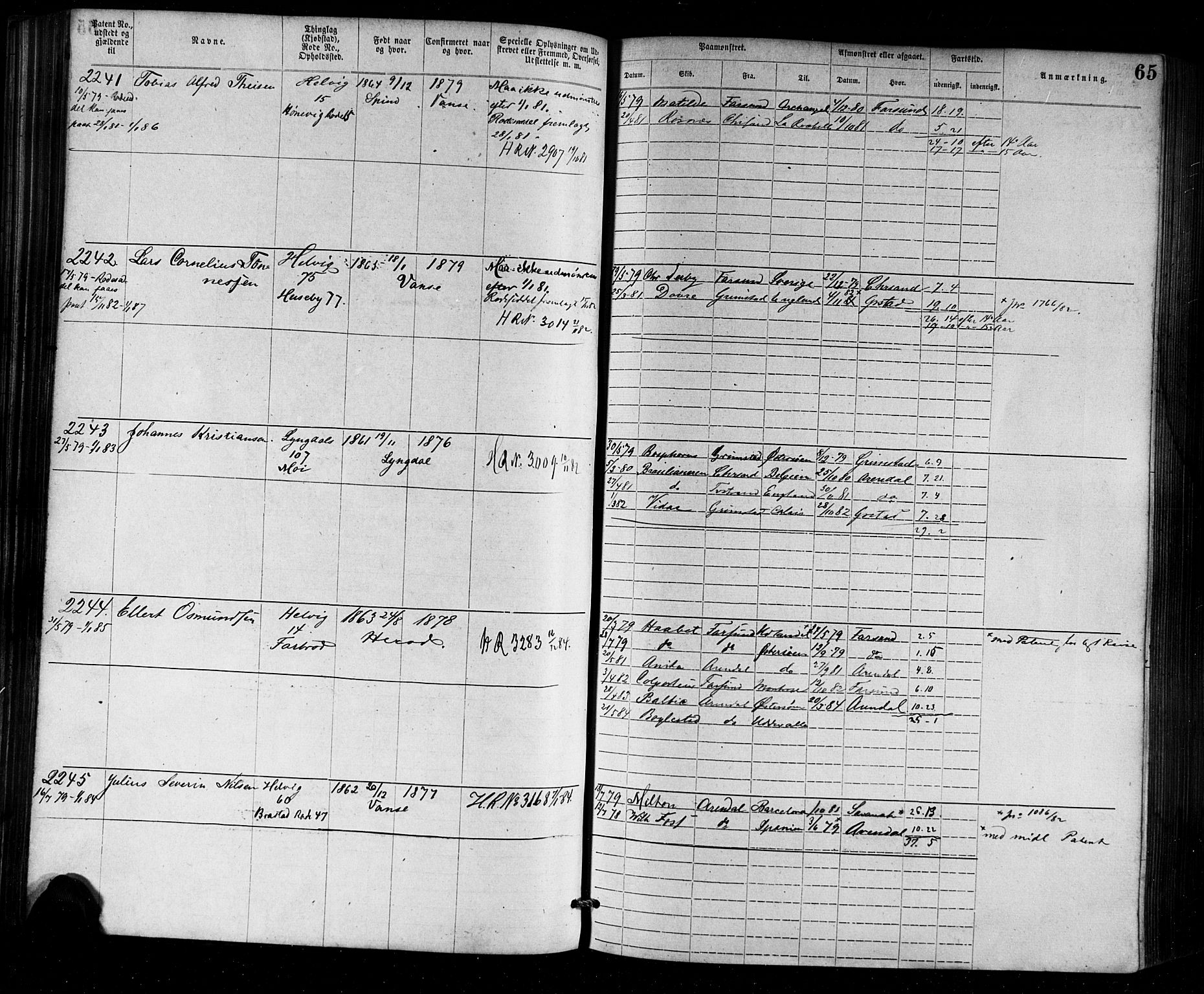 Farsund mønstringskrets, AV/SAK-2031-0017/F/Fa/L0002: Annotasjonsrulle nr 1921-3815 med register, M-2, 1877-1894, s. 91