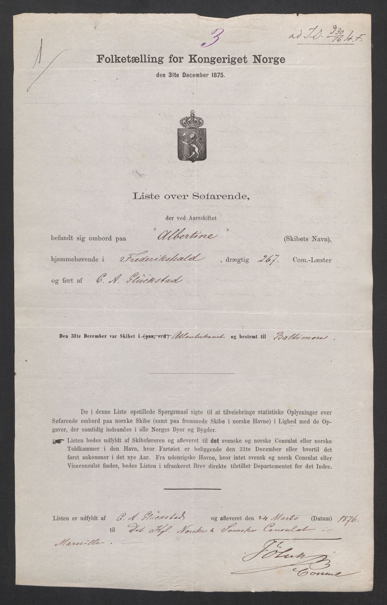 RA, Folketelling 1875, skipslister: Skip i utenrikske havner, hjemmehørende i byer og ladesteder, Fredrikshald - Arendal, 1875, s. 6