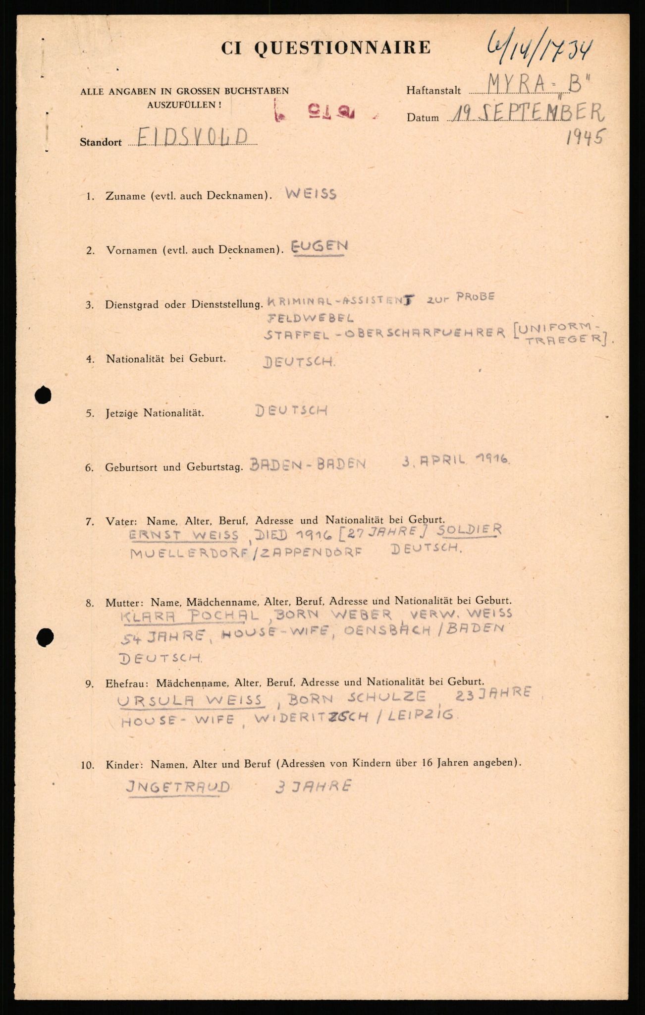 Forsvaret, Forsvarets overkommando II, AV/RA-RAFA-3915/D/Db/L0035: CI Questionaires. Tyske okkupasjonsstyrker i Norge. Tyskere., 1945-1946, s. 309