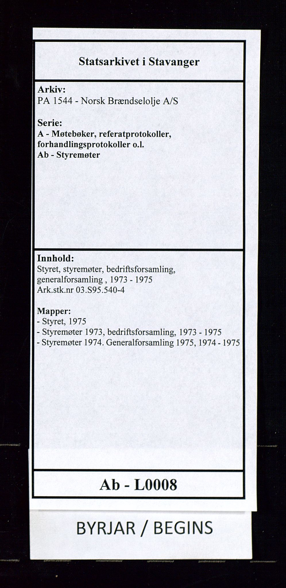 PA 1544 - Norsk Brændselolje A/S, AV/SAST-A-101965/1/A/Ab/L0008/0001: Styret, styremøter, bedriftsforsamling, generalforsamling  / Styret, 1975, s. 1