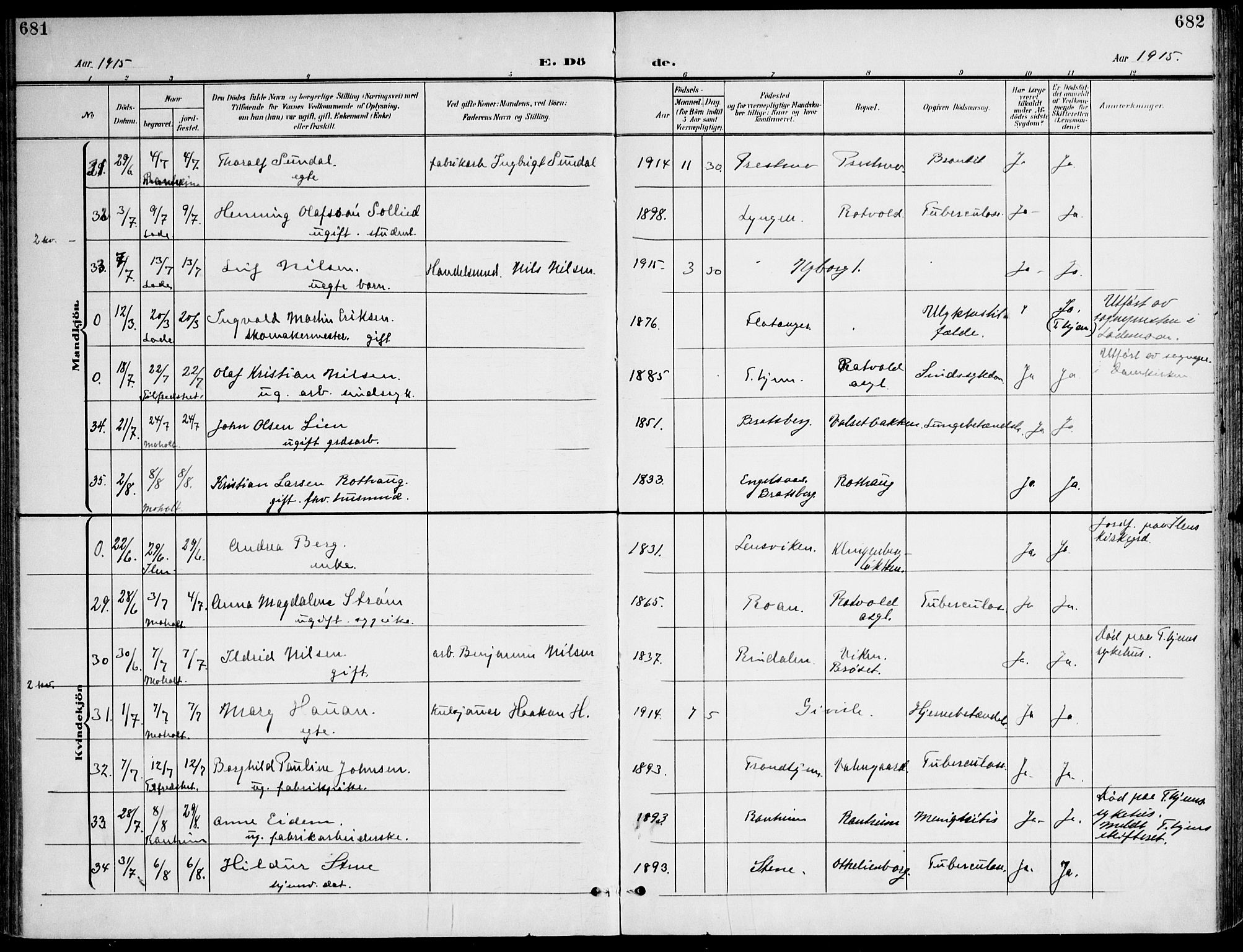 Ministerialprotokoller, klokkerbøker og fødselsregistre - Sør-Trøndelag, SAT/A-1456/607/L0320: Ministerialbok nr. 607A04, 1907-1915, s. 681-682