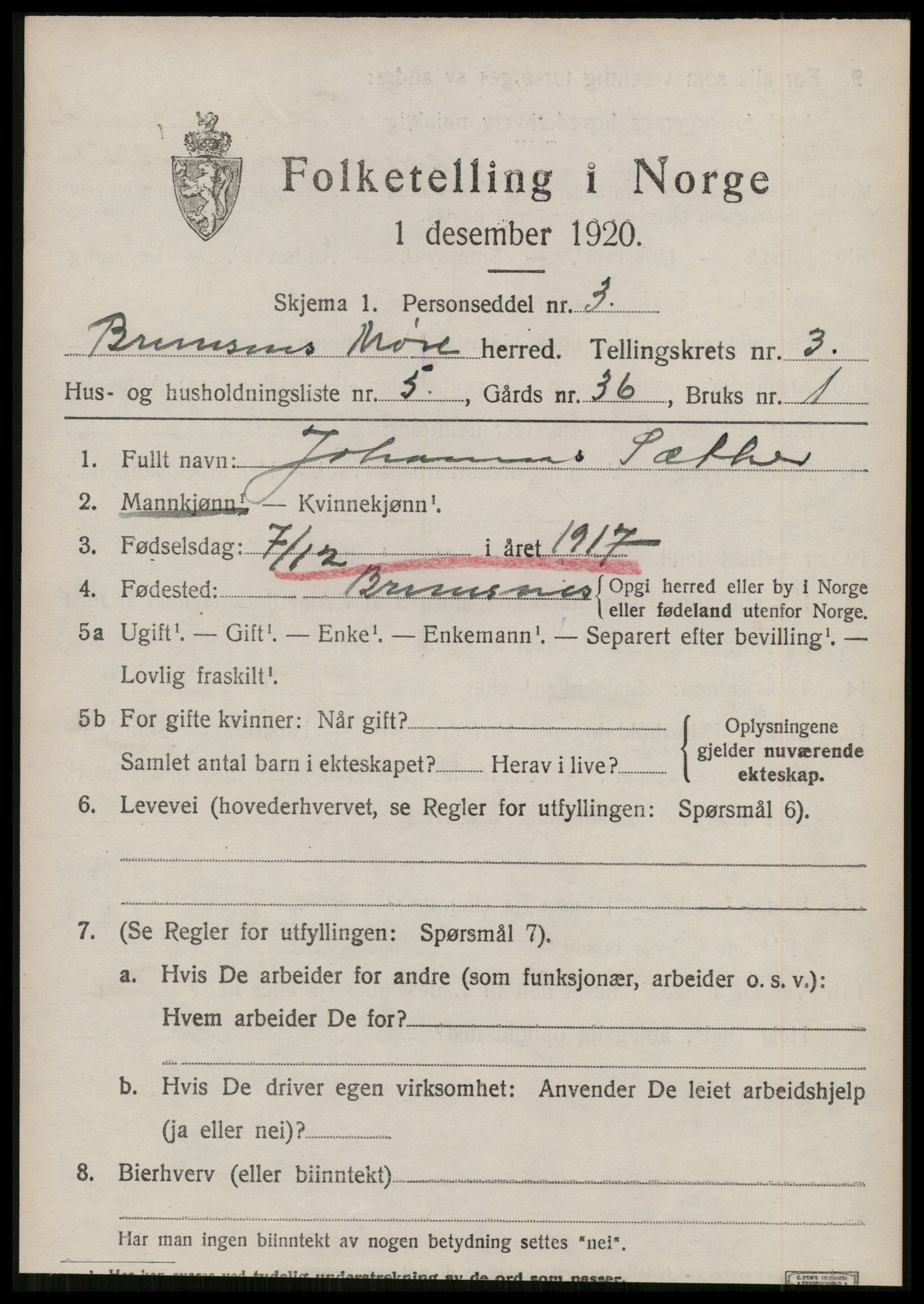 SAT, Folketelling 1920 for 1554 Bremsnes herred, 1920, s. 3467