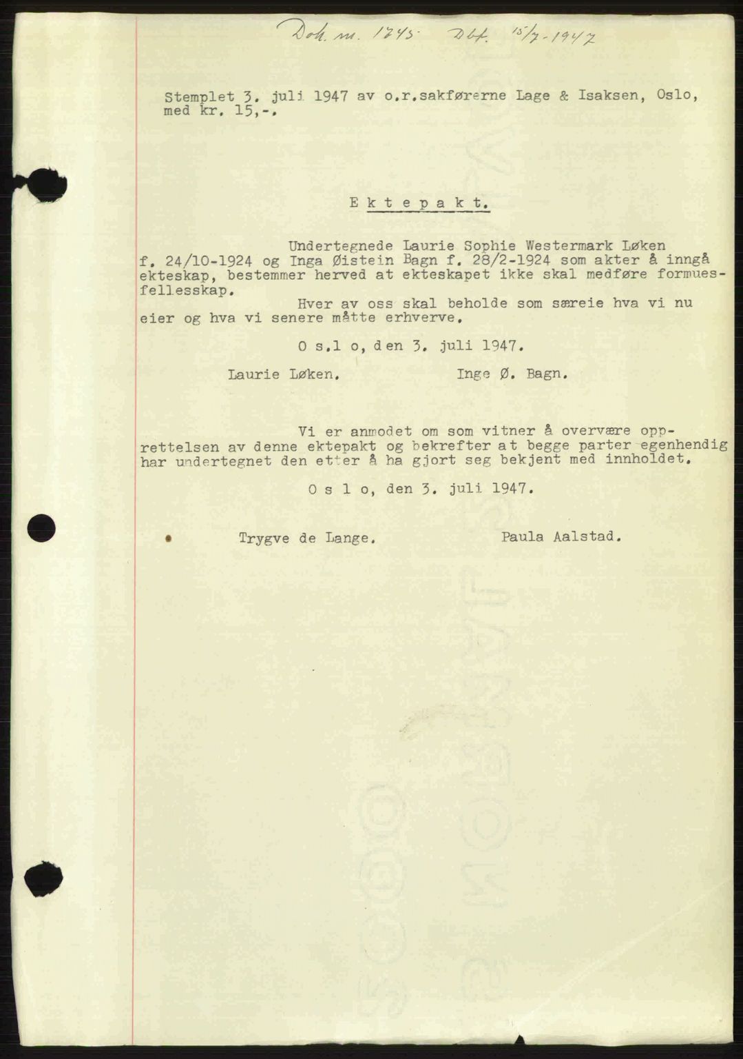 Moss sorenskriveri, SAO/A-10168: Pantebok nr. A17, 1947-1947, Dagboknr: 1745/1947