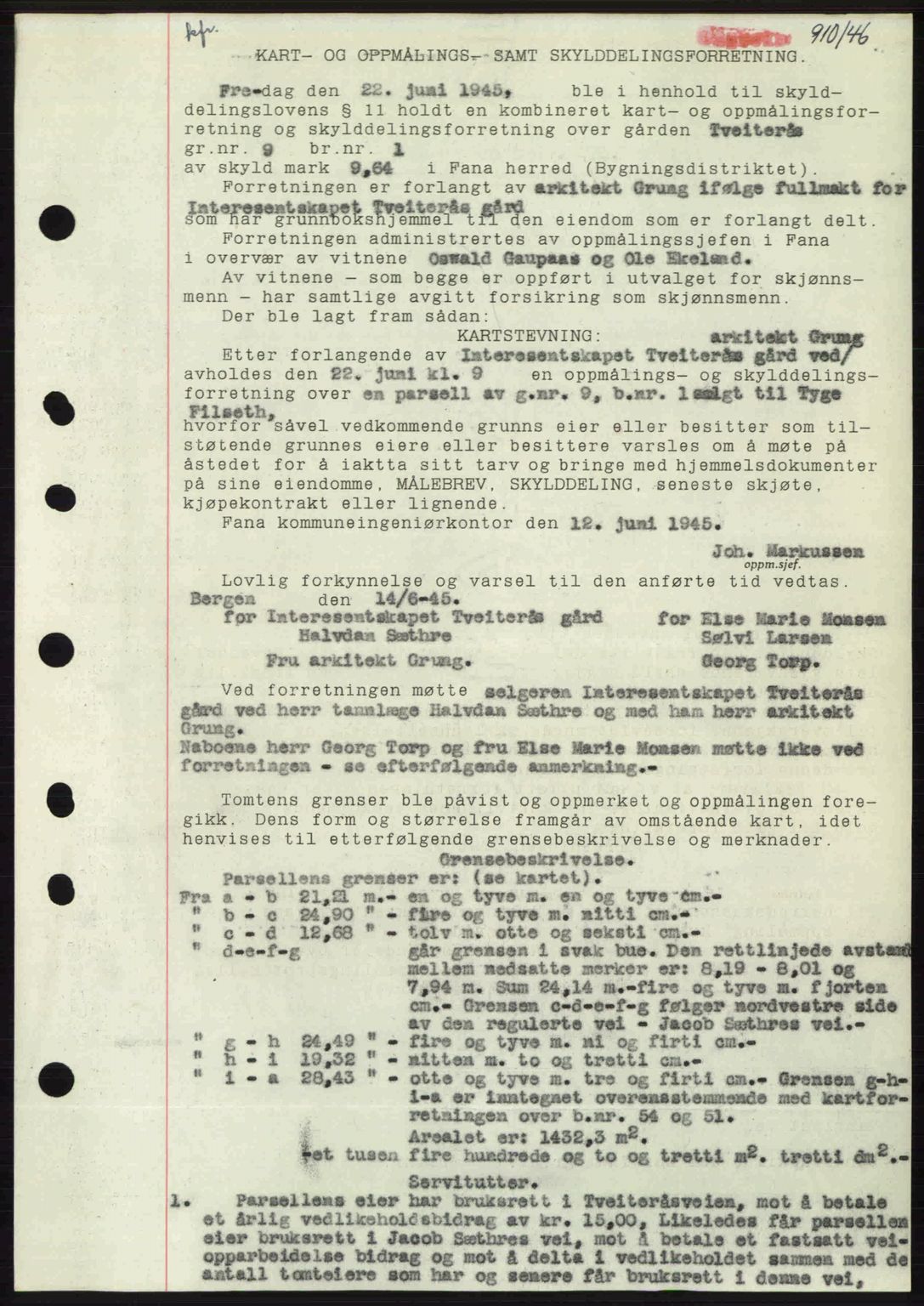 Midhordland sorenskriveri, SAB/A-3001/1/G/Gb/Gbj/L0022: Pantebok nr. A41-43, 1946-1946, Dagboknr: 910/1946