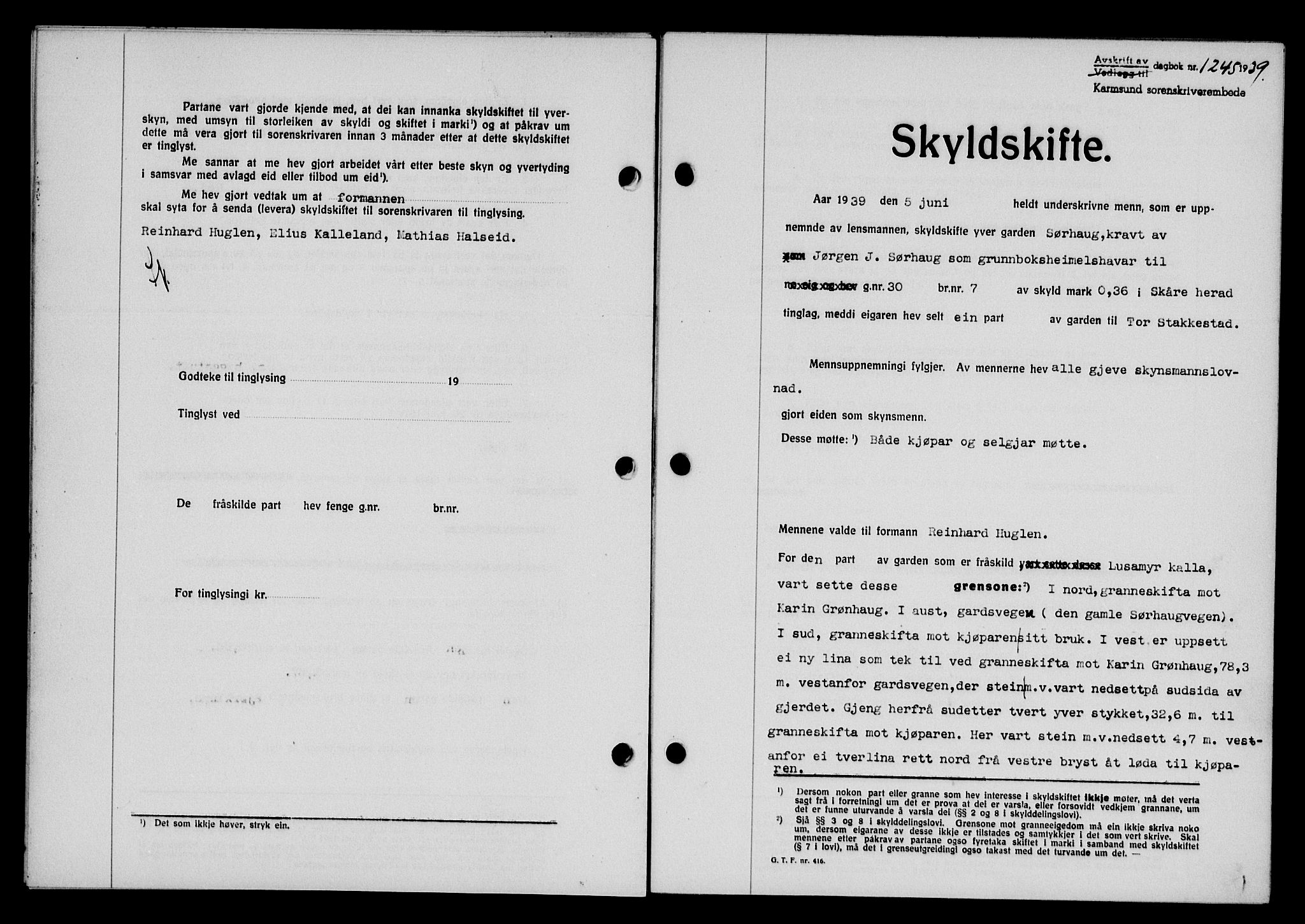 Karmsund sorenskriveri, SAST/A-100311/01/II/IIB/L0071: Pantebok nr. 52A, 1939-1939, Dagboknr: 1245/1939