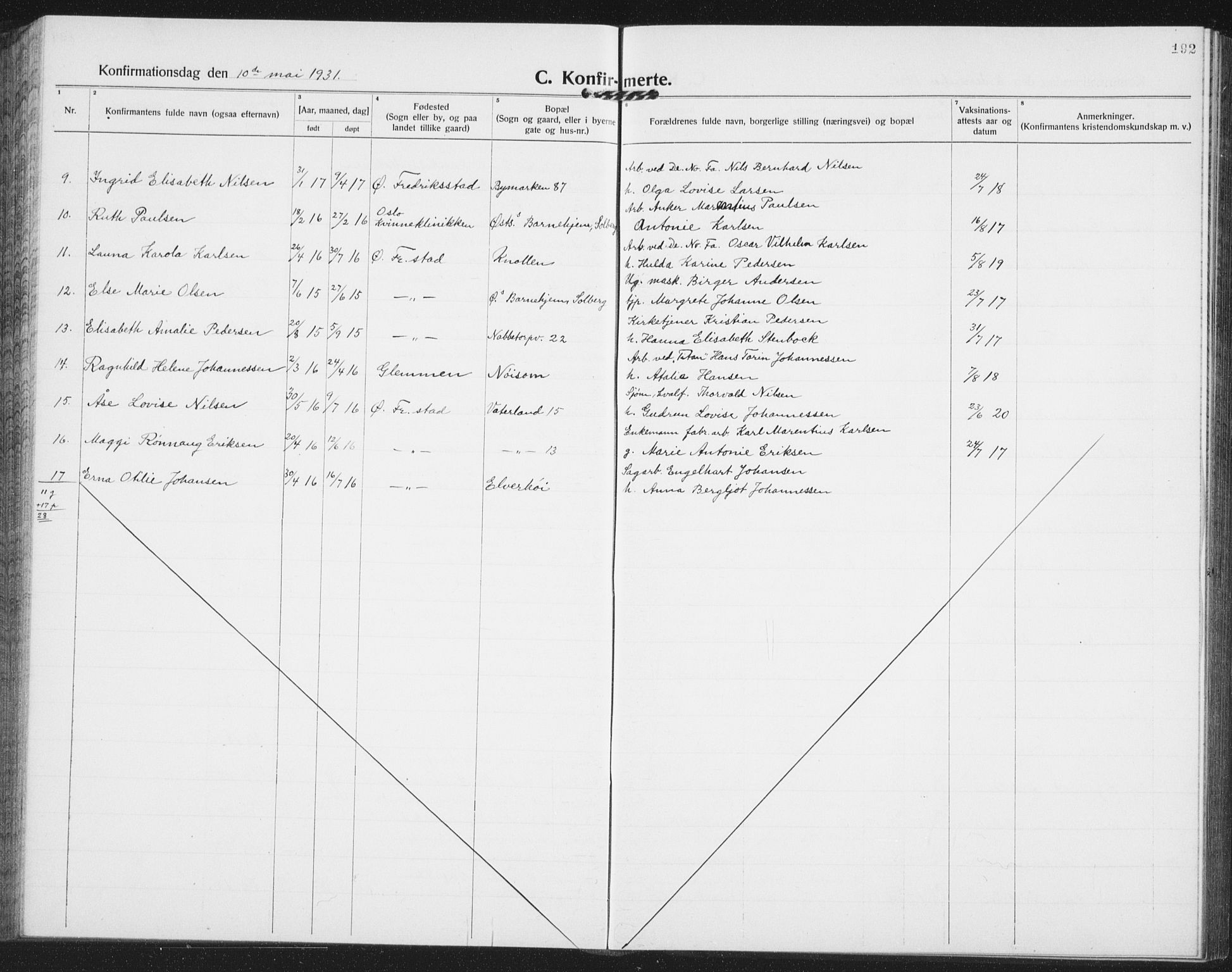 Østre Fredrikstad prestekontor Kirkebøker, AV/SAO-A-10907/G/Ga/L0003: Klokkerbok nr. 3, 1920-1940, s. 192