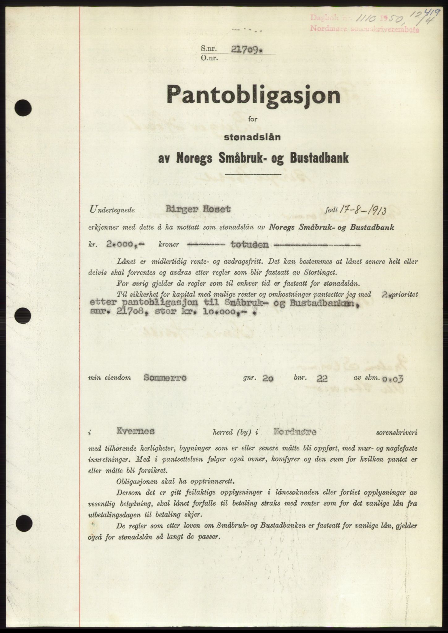 Nordmøre sorenskriveri, AV/SAT-A-4132/1/2/2Ca: Pantebok nr. B104, 1950-1950, Dagboknr: 1110/1950