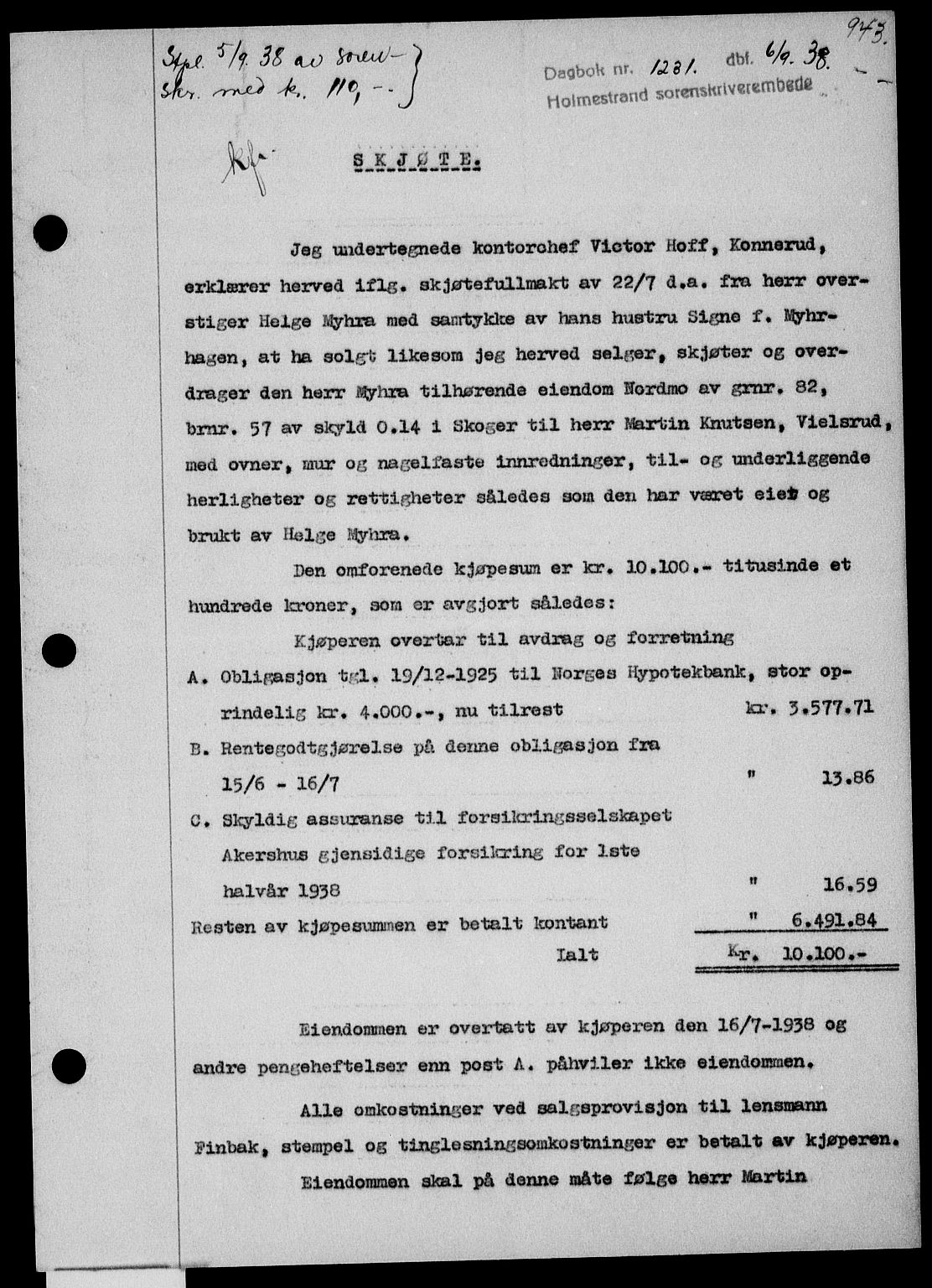 Holmestrand sorenskriveri, SAKO/A-67/G/Ga/Gaa/L0049: Pantebok nr. A-49, 1937-1938, Dagboknr: 1231/1938