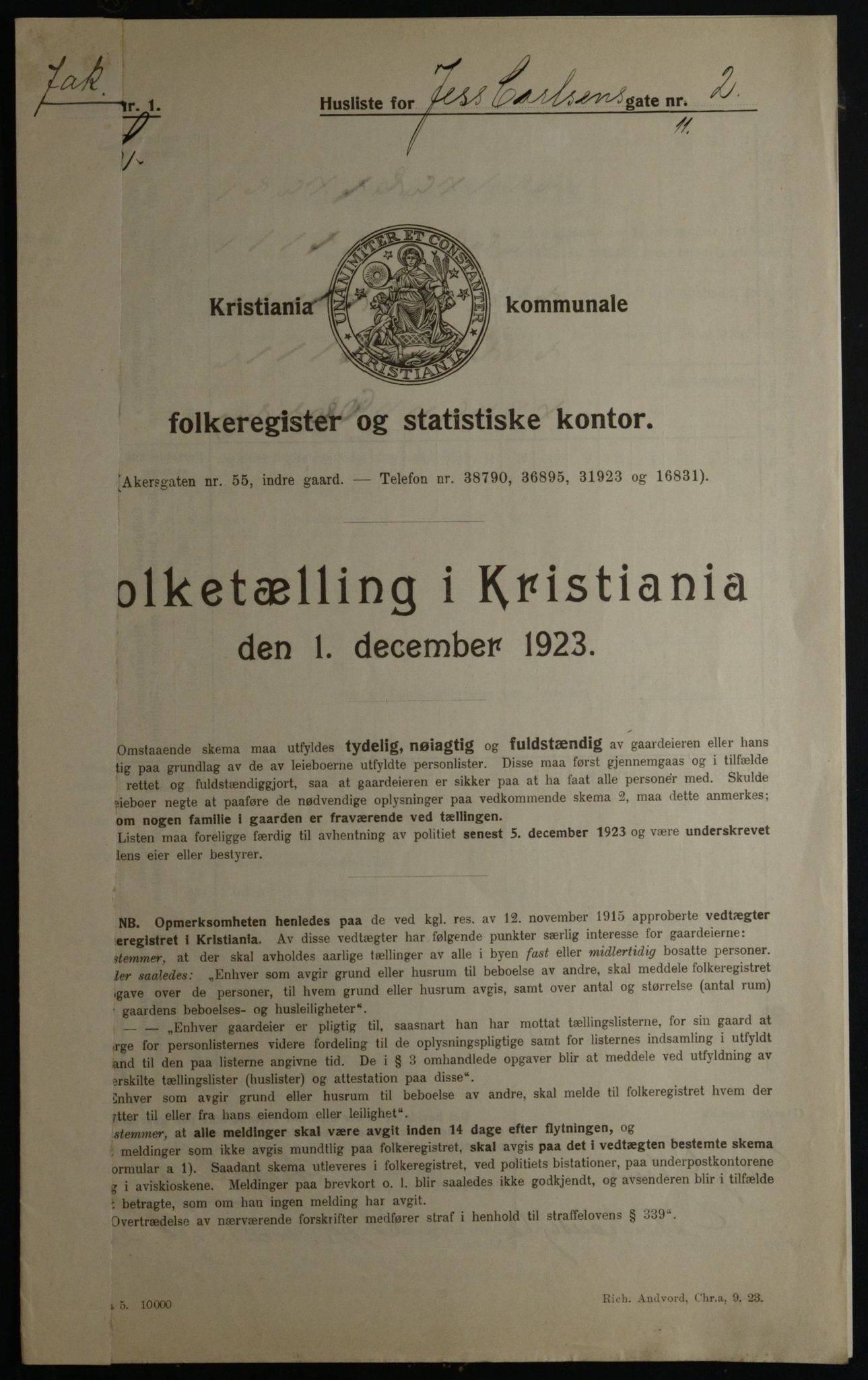 OBA, Kommunal folketelling 1.12.1923 for Kristiania, 1923, s. 52594