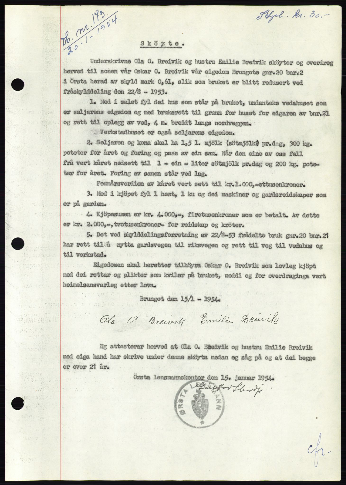 Søre Sunnmøre sorenskriveri, SAT/A-4122/1/2/2C/L0097: Pantebok nr. 23A, 1954-1954, Dagboknr: 173/1954