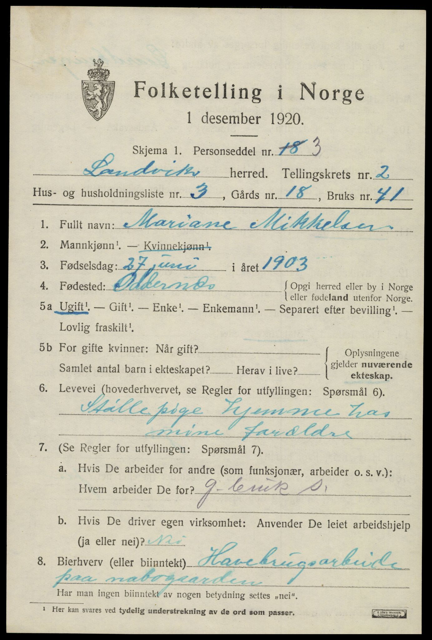 SAK, Folketelling 1920 for 0924 Landvik herred, 1920, s. 1806