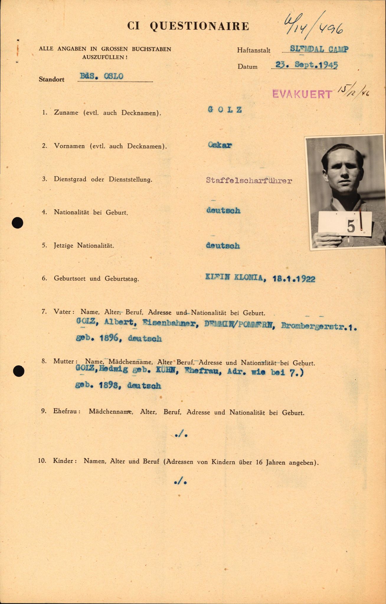 Forsvaret, Forsvarets overkommando II, AV/RA-RAFA-3915/D/Db/L0010: CI Questionaires. Tyske okkupasjonsstyrker i Norge. Tyskere., 1945-1946, s. 61