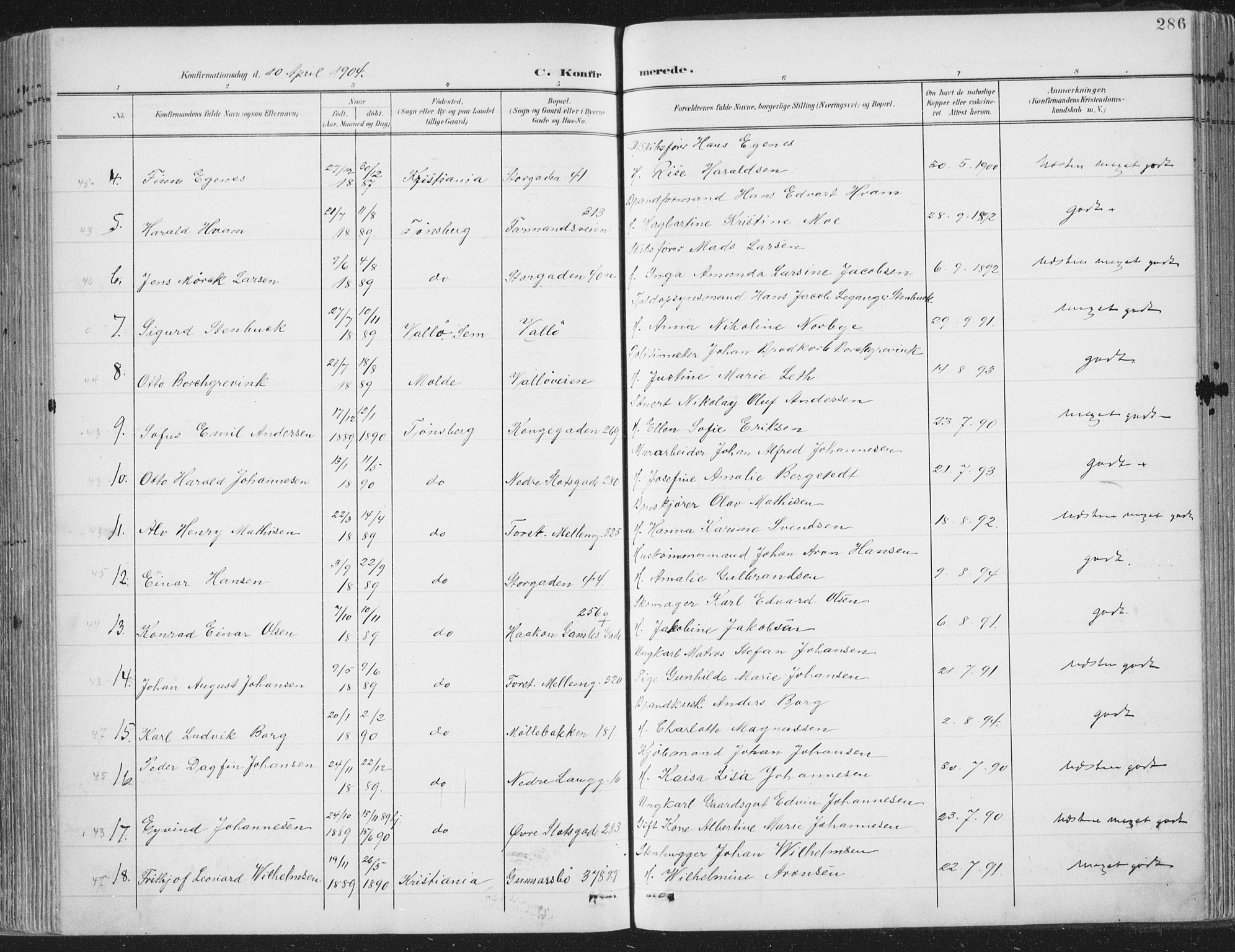 Tønsberg kirkebøker, AV/SAKO-A-330/F/Fa/L0014: Ministerialbok nr. I 14, 1900-1913, s. 286