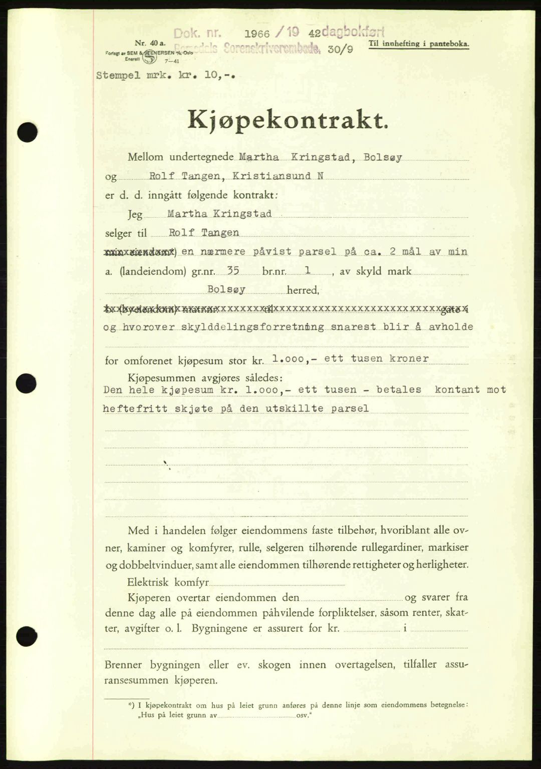 Romsdal sorenskriveri, SAT/A-4149/1/2/2C: Pantebok nr. A12, 1942-1942, Dagboknr: 1966/1942