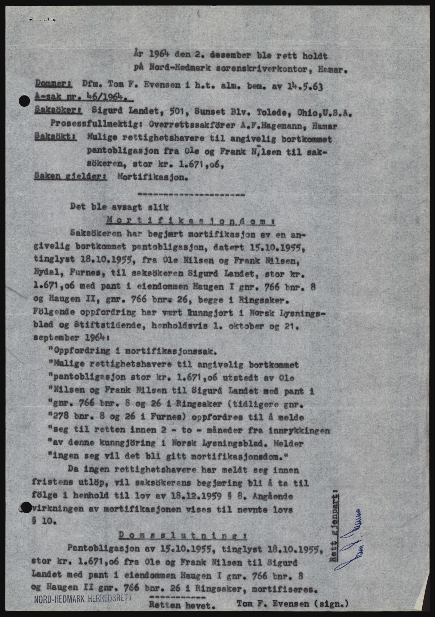 Nord-Hedmark sorenskriveri, SAH/TING-012/H/Hc/L0021: Pantebok nr. 21, 1964-1965, Dagboknr: 6388/1964