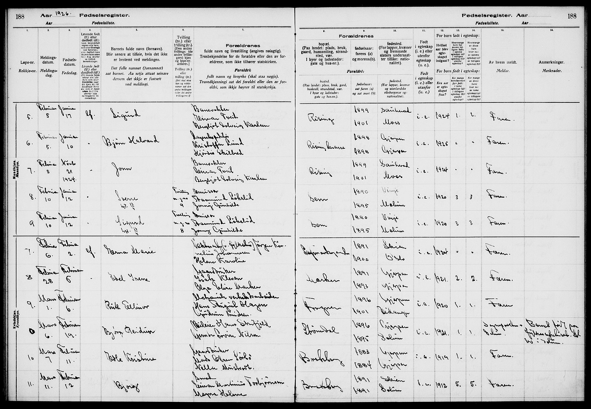 Gjerpen kirkebøker, SAKO/A-265/J/Ja/L0001: Fødselsregister nr. 1, 1916-1926, s. 188