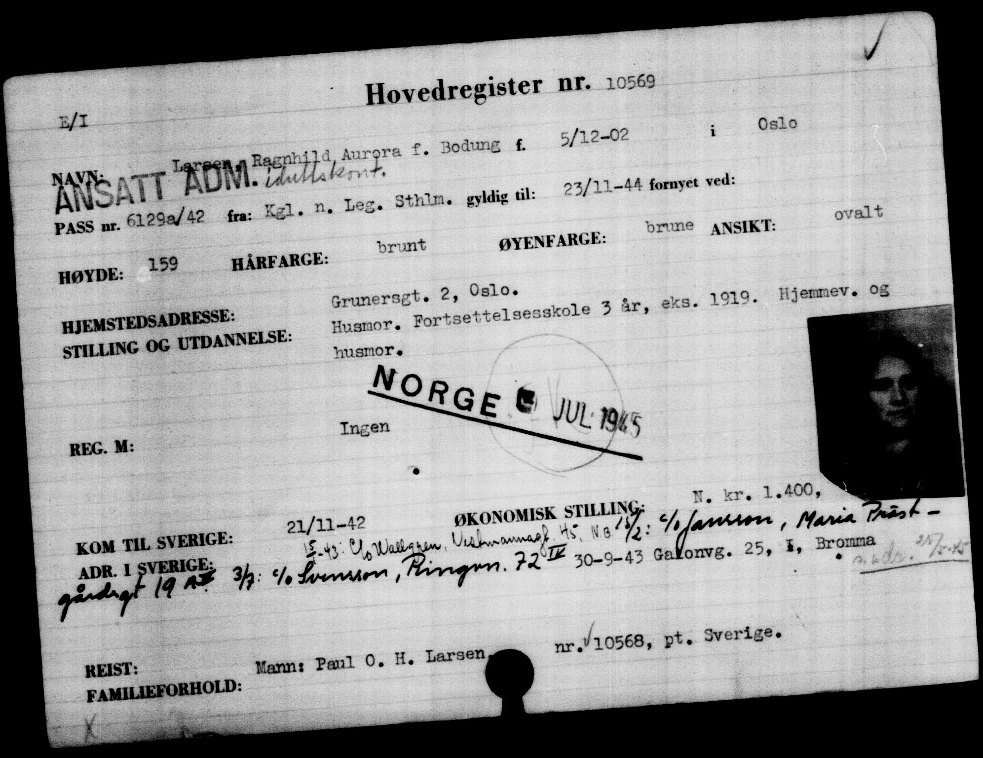 Den Kgl. Norske Legasjons Flyktningskontor, RA/S-6753/V/Va/L0006: Kjesäterkartoteket.  Flyktningenr. 9400-12711, 1940-1945, s. 1347