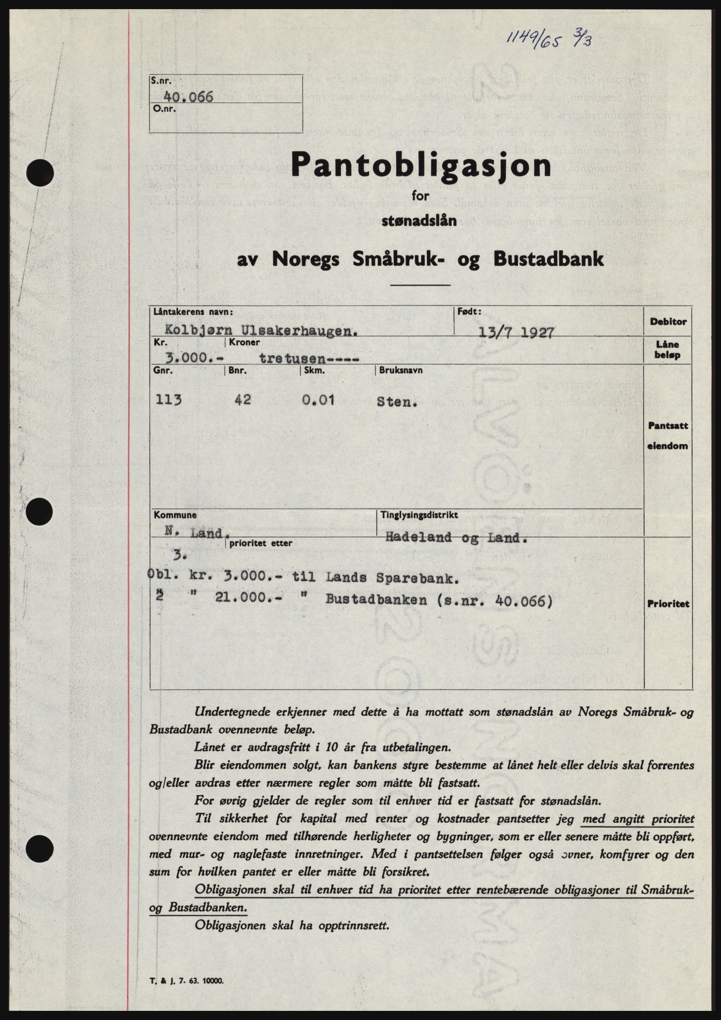 Hadeland og Land tingrett, SAH/TING-010/H/Hb/Hbc/L0058: Pantebok nr. B58, 1965-1965, Dagboknr: 1149/1965