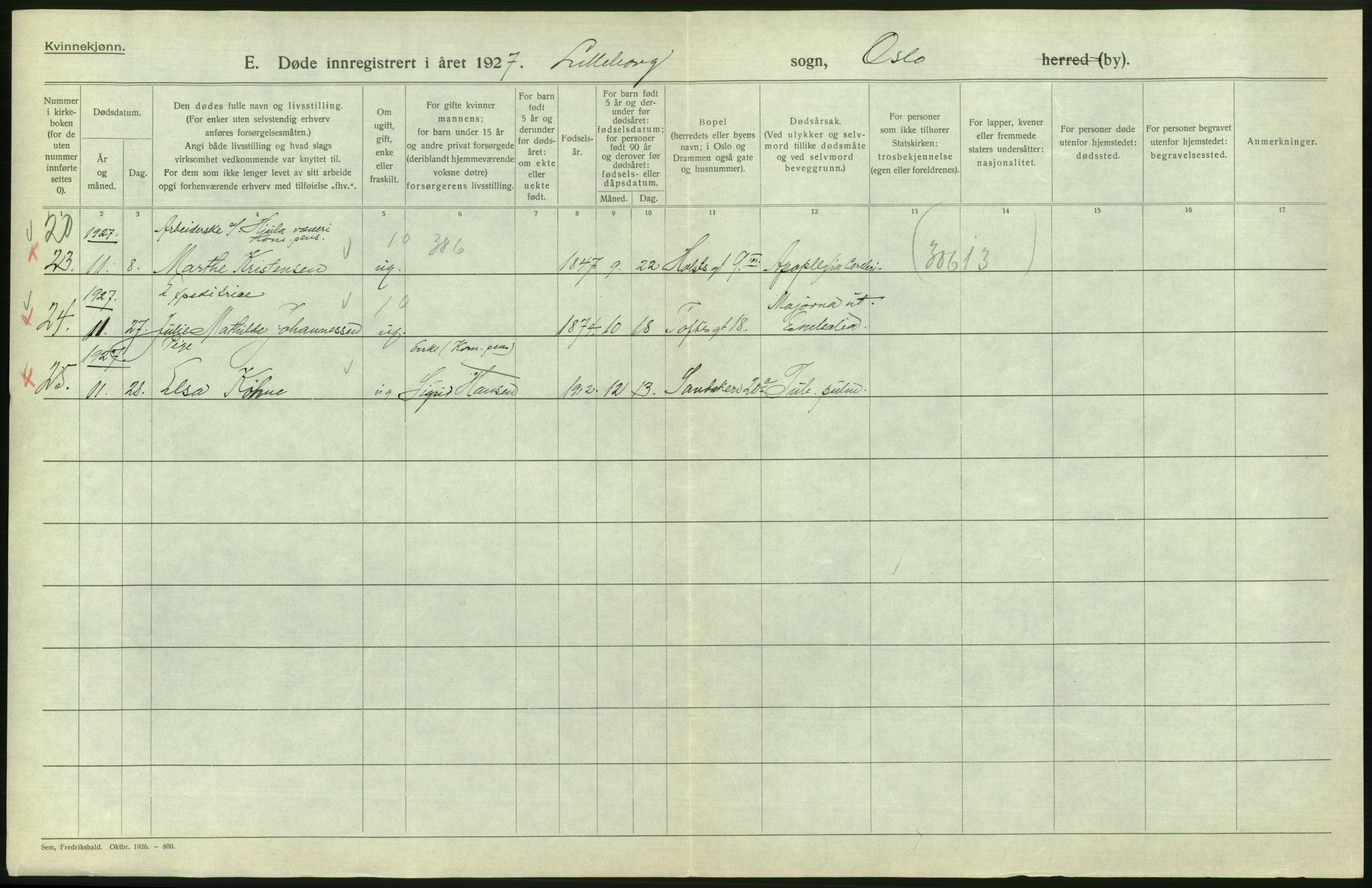 Statistisk sentralbyrå, Sosiodemografiske emner, Befolkning, AV/RA-S-2228/D/Df/Dfc/Dfcg/L0010: Oslo: Døde kvinner, dødfødte, 1927, s. 748