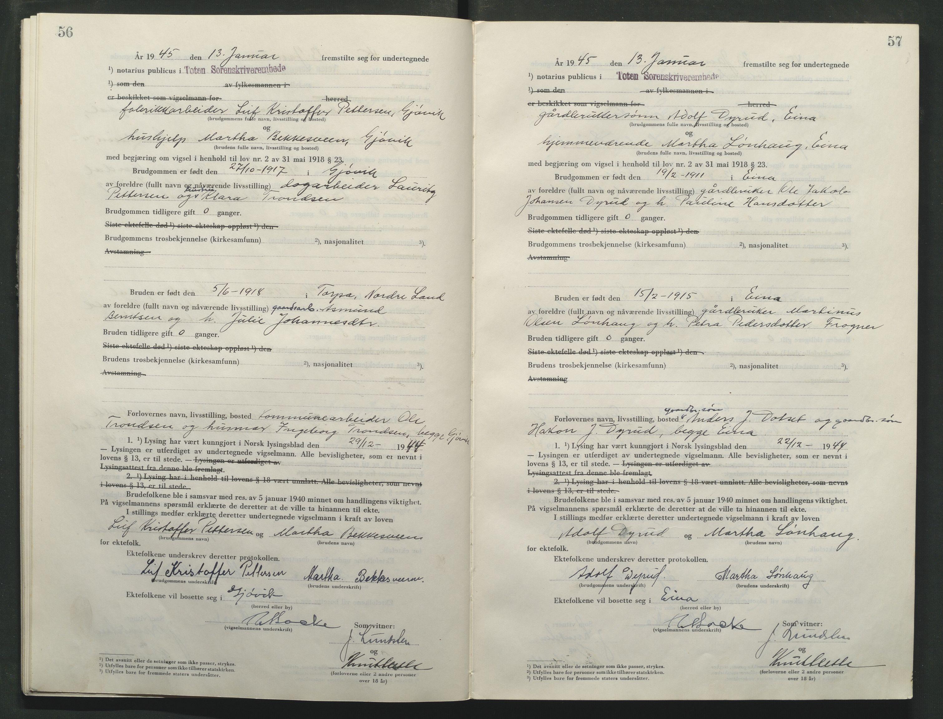Toten tingrett, AV/SAH-TING-006/L/Lc/L0005: Vigselbok, 1944-1948, s. 56-57