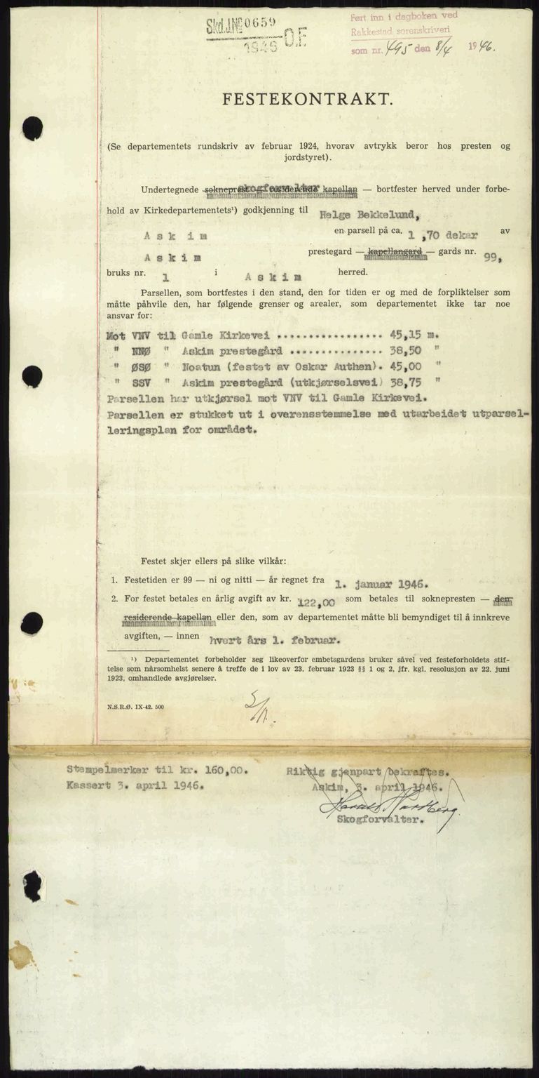 Rakkestad sorenskriveri, AV/SAO-A-10686/G/Gb/Gba/Gbab/L0012a: Pantebok nr. A12 I, 1945-1946, Dagboknr: 495/1946