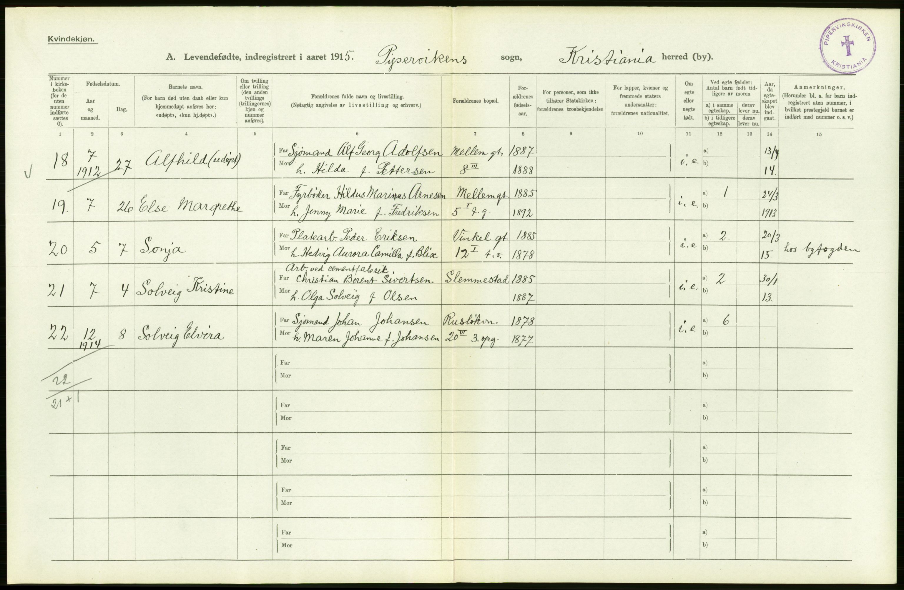 Statistisk sentralbyrå, Sosiodemografiske emner, Befolkning, RA/S-2228/D/Df/Dfb/Dfbe/L0006: Kristiania: Levendefødte menn og kvinner., 1915, s. 304