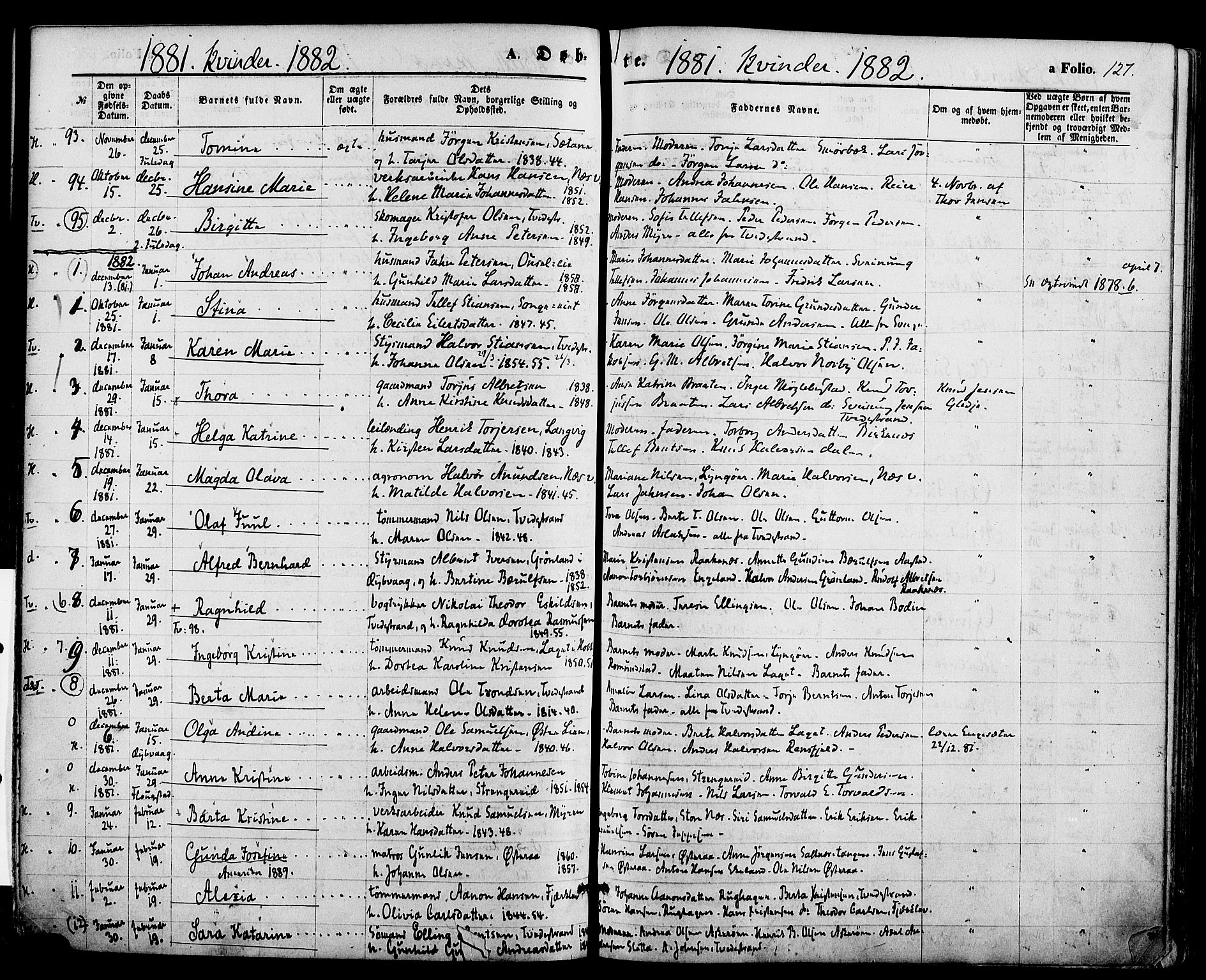 Holt sokneprestkontor, AV/SAK-1111-0021/F/Fa/L0010: Ministerialbok nr. A 10, 1872-1885, s. 127