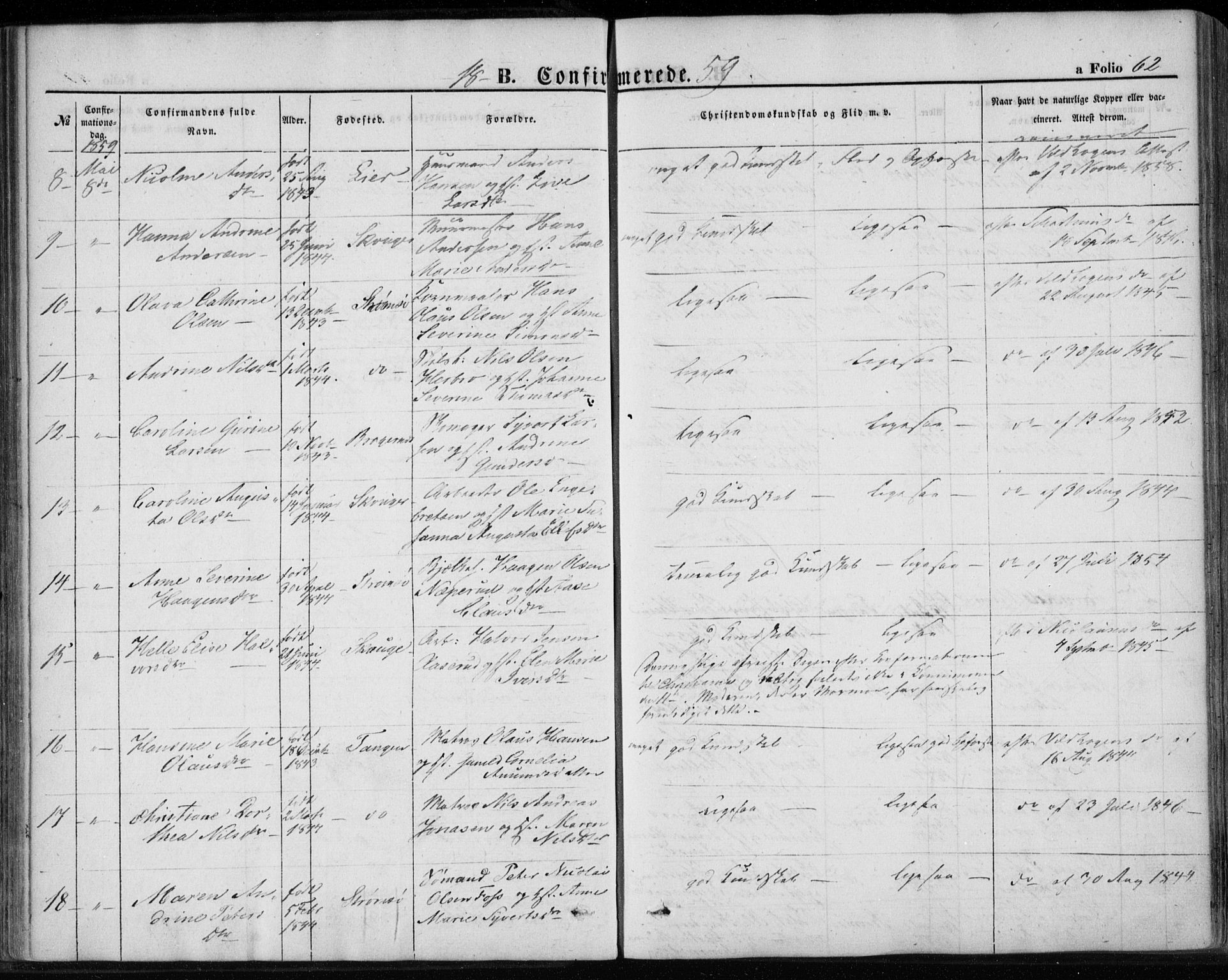 Strømsø kirkebøker, AV/SAKO-A-246/F/Fa/L0017: Ministerialbok nr. I 17, 1848-1865, s. 62