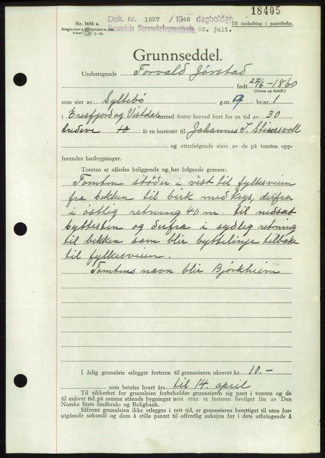 Romsdal sorenskriveri, SAT/A-4149/1/2/2C: Pantebok nr. A26, 1948-1948, Dagboknr: 1827/1948
