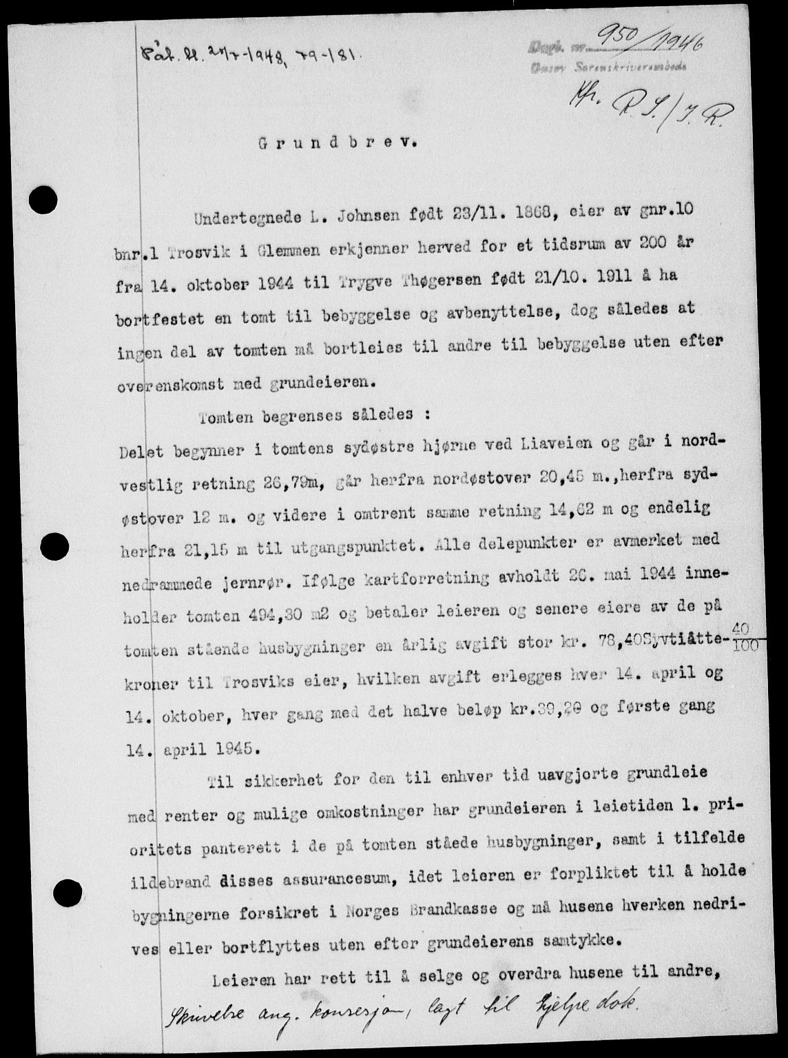 Onsøy sorenskriveri, SAO/A-10474/G/Ga/Gab/L0016: Pantebok nr. II A-16, 1946-1946, Dagboknr: 950/1946