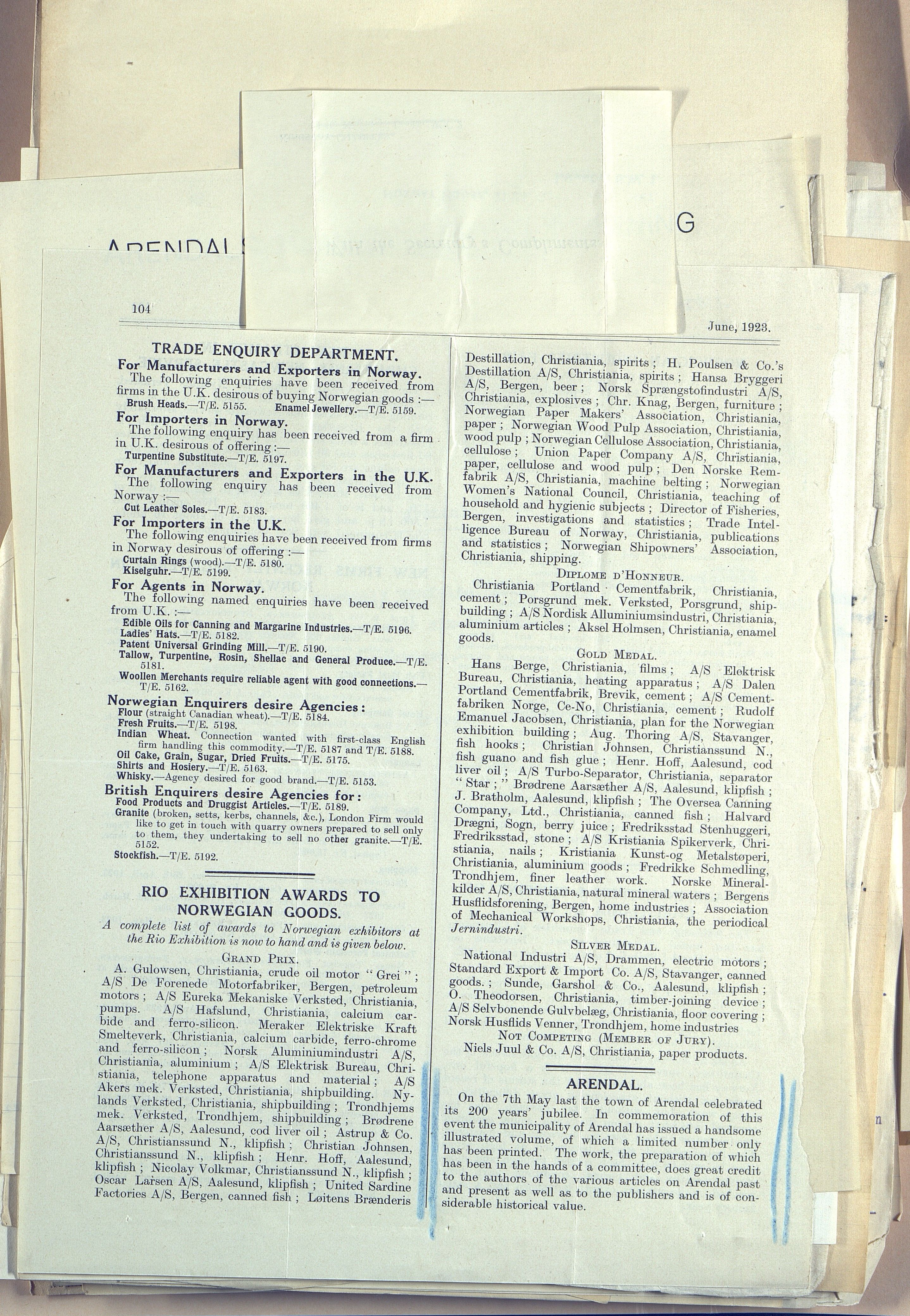 Arendals Byjubileum 1923, AAKS/KA0906-492/E/E01/L0001/0001: Arendals Byjubileum 1923 / Diverse telegrammer m.m. i forbindelse med Arendals byjubileum 1923 - 200 år, 1922-1924