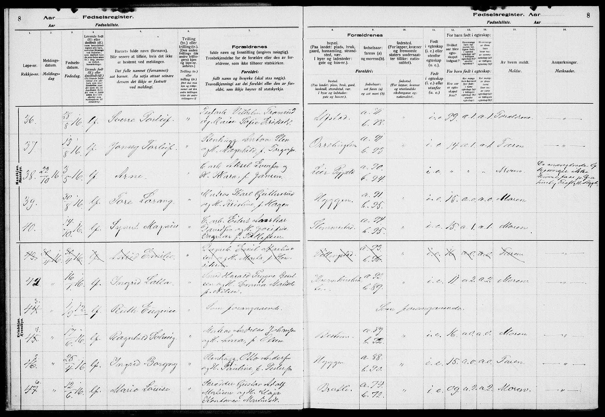Røyken kirkebøker, AV/SAKO-A-241/J/Ja/L0001: Fødselsregister nr. 1, 1916-1927, s. 8