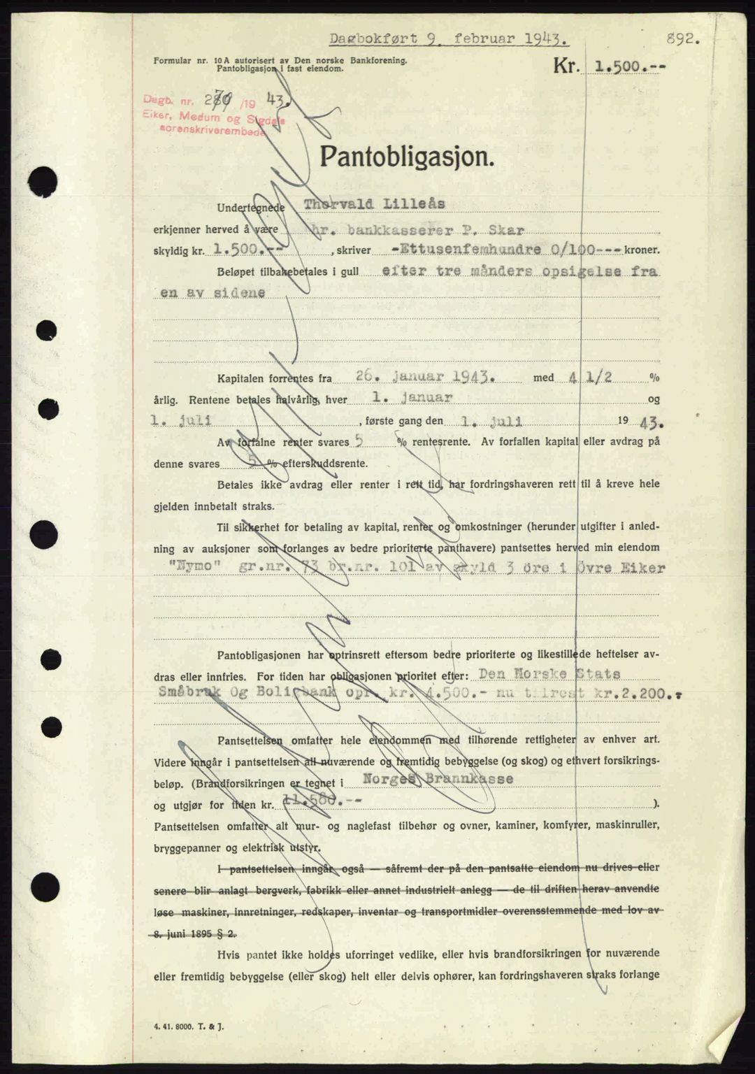 Eiker, Modum og Sigdal sorenskriveri, SAKO/A-123/G/Ga/Gab/L0047: Pantebok nr. A17, 1942-1943, Dagboknr: 279/1943