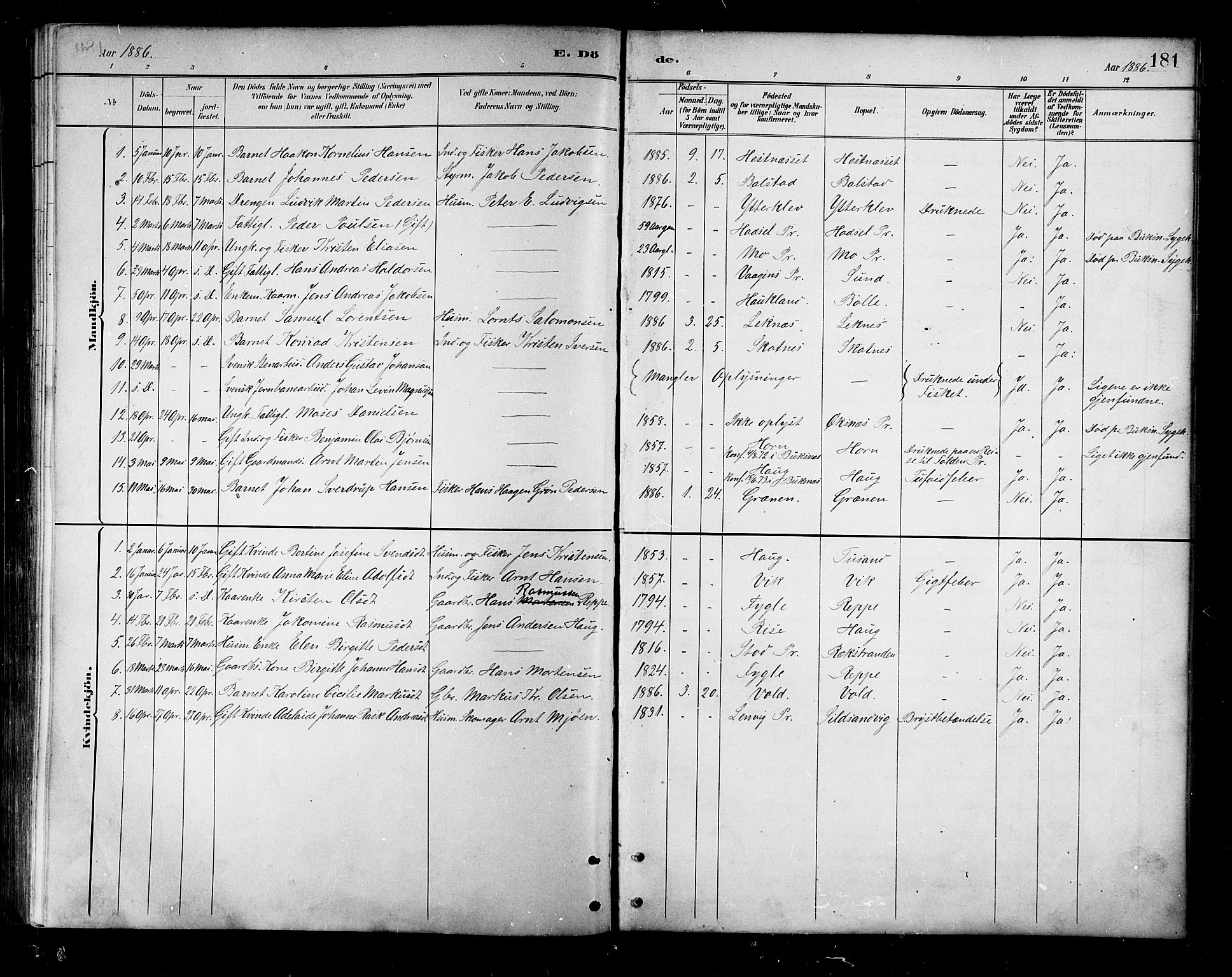 Ministerialprotokoller, klokkerbøker og fødselsregistre - Nordland, AV/SAT-A-1459/881/L1167: Klokkerbok nr. 881C04, 1886-1899, s. 181